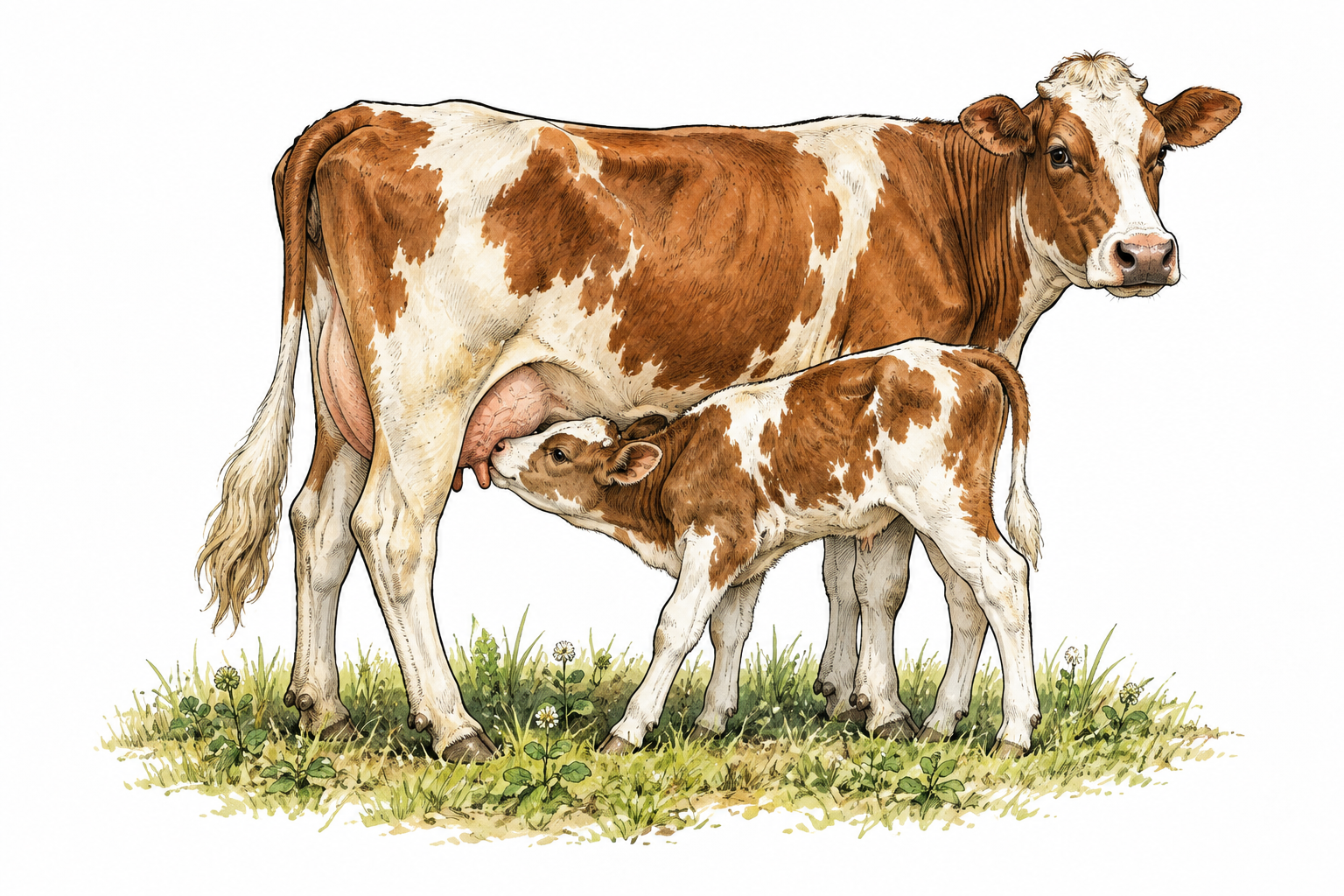 A dairy calf nurses naturally from its mothers udder in a calm pasture, educational mammalian lactation.