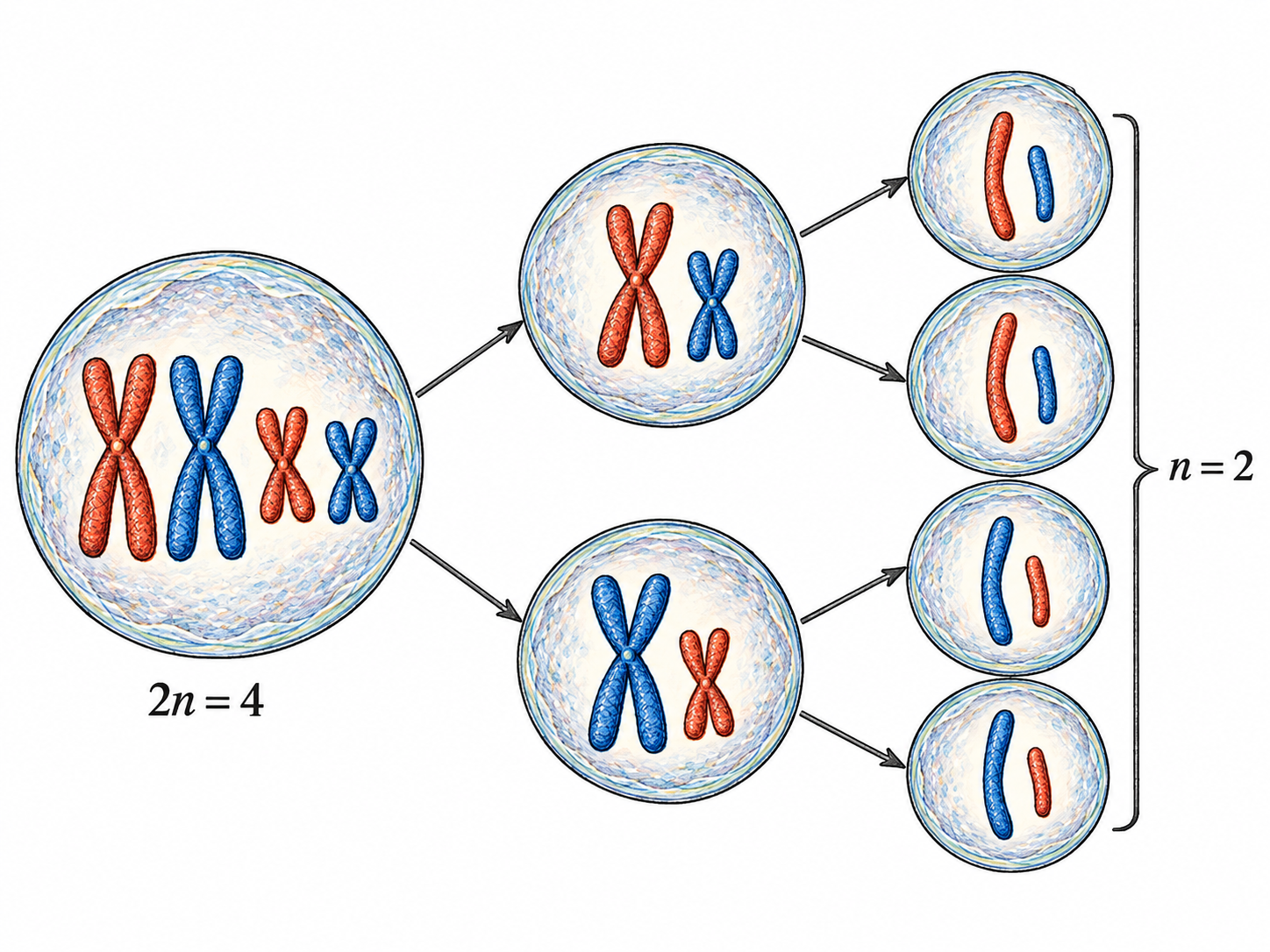 A compact, biologically accurate cutaway sequence showing one germ cell dividing twice to form four haploid cells.