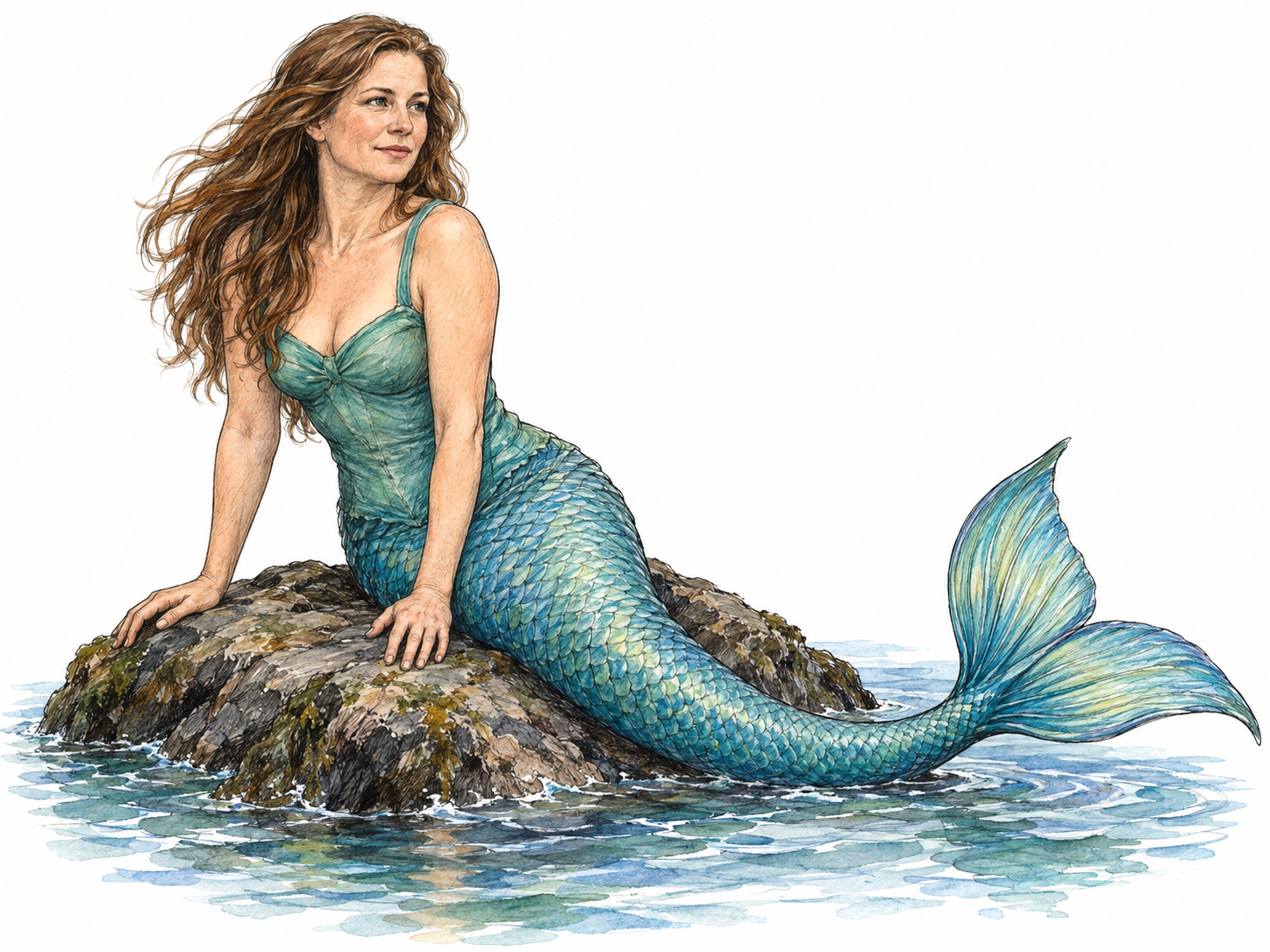 A single adult mermaid sits sideways on a low sea rock, with a clearly human female upper body joined continuously at the hips to one long scaled fish tail ending in a broad fin.