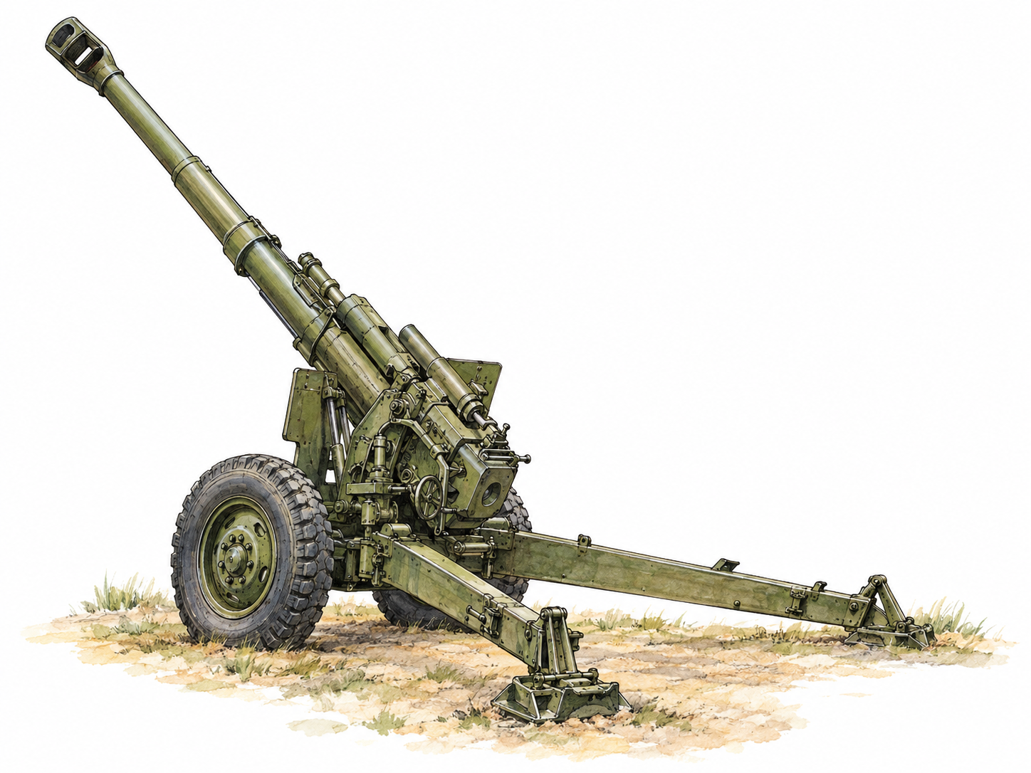 An isolated towed howitzer in side three-quarter view, its substantial barrel elevated steeply above a wheeled carriage with spread stabilizing trails, visibly emphasizing high-angle artillery fire.