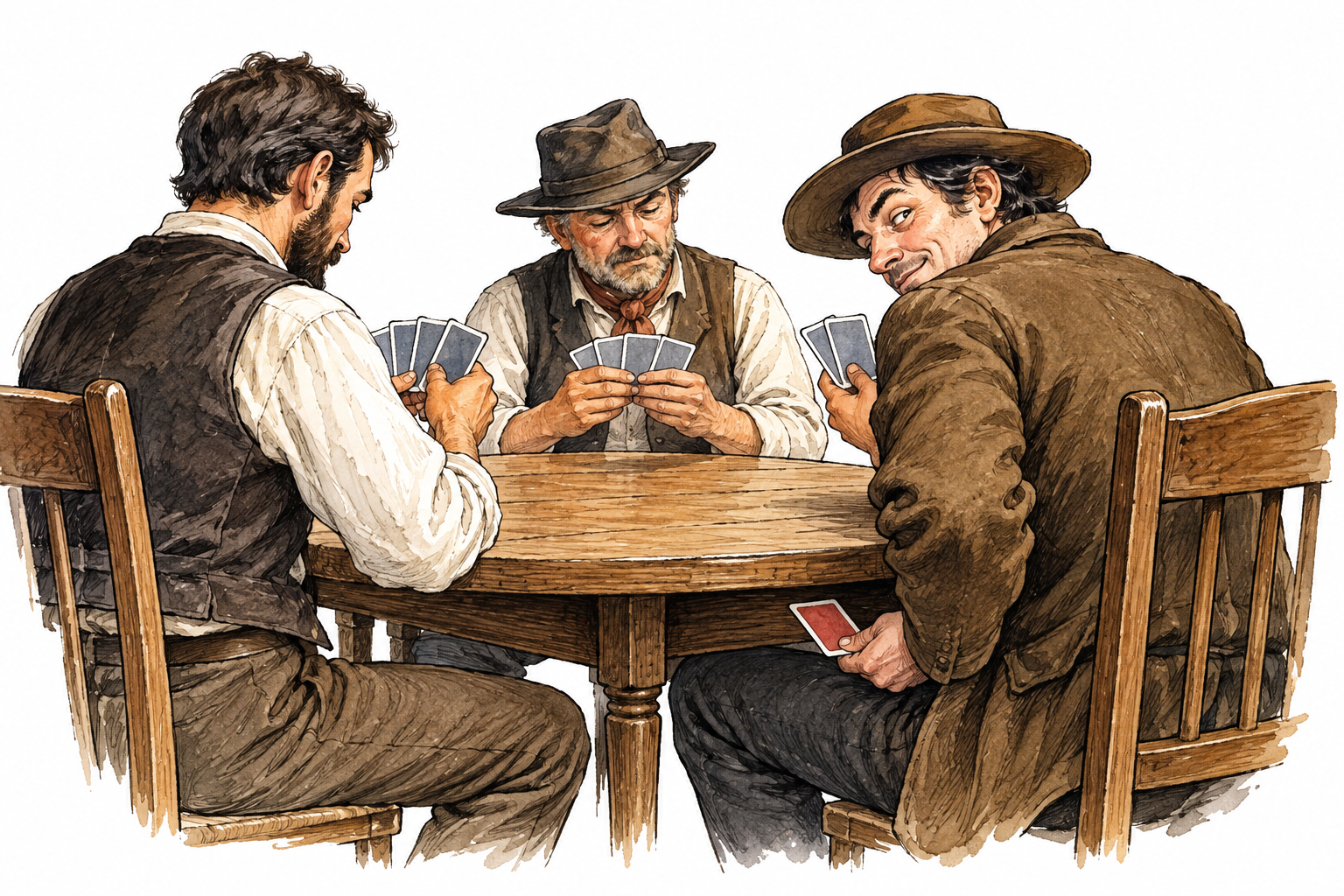 A player secretly hiding an extra playing card under the table during a game while others cannot see, no lettering or numbers on cards, shameful cheating behavior clear.