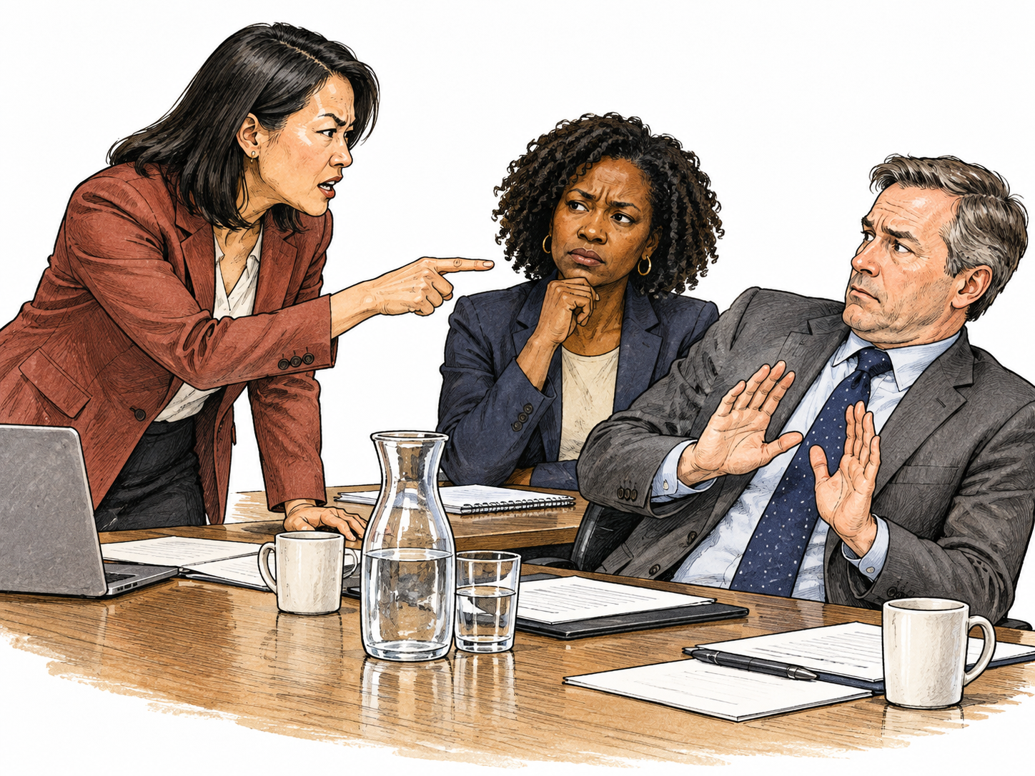An angry adult speaker berates a fellow committee member with accusatory gestures while the listener shrinks back and witnesses react with disapproval; no speech text, no physical attack.