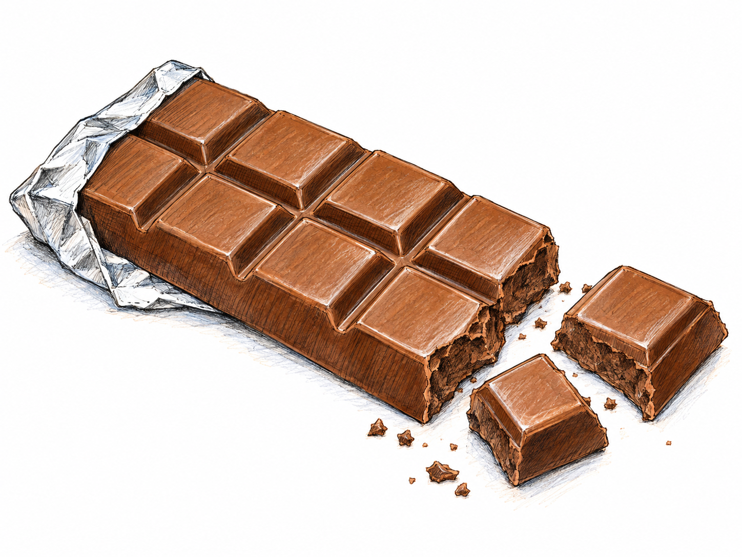 An unwrapped, segmented milk-chocolate bar with two broken pieces beside it, showing its solid chocolate interior.