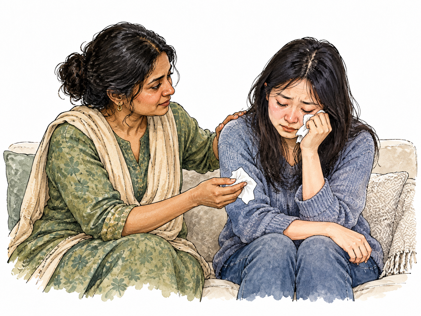 A friend sits beside a sad adult and gently offers a comforting hand and tissue, supportive attention central, quiet home vignette.
