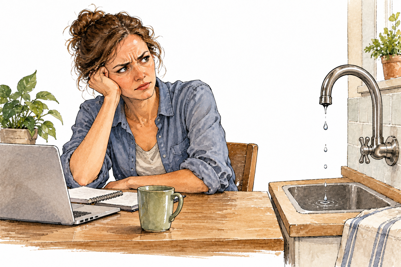 A woman at a desk reacts with irritation to a repeatedly dripping tap nearby, brow furrowed, no text.