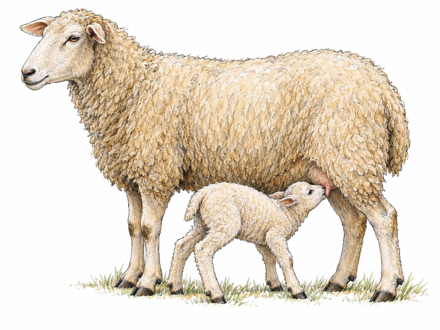 An adult ewe in side view nursing a small lamb, with the lamb’s muzzle visibly attached to a teat beneath her hindquarters.