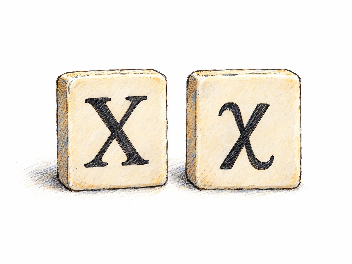 Two simple ivory letter tiles displaying uppercase Greek chi Χ and lowercase Greek chi χ, side by side, making the letter itself the sole subject.