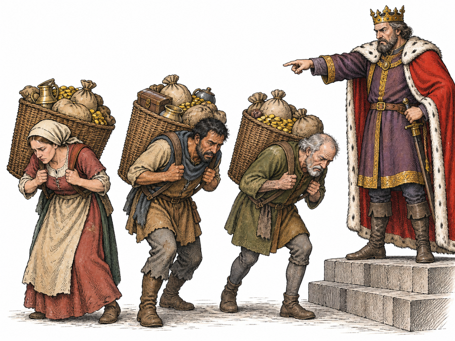 A fictional ruler imposes excessive burdens on three weary adult citizens carrying oversized tax baskets, showing oppressive rule; no national flag, real person, violence or written decree.