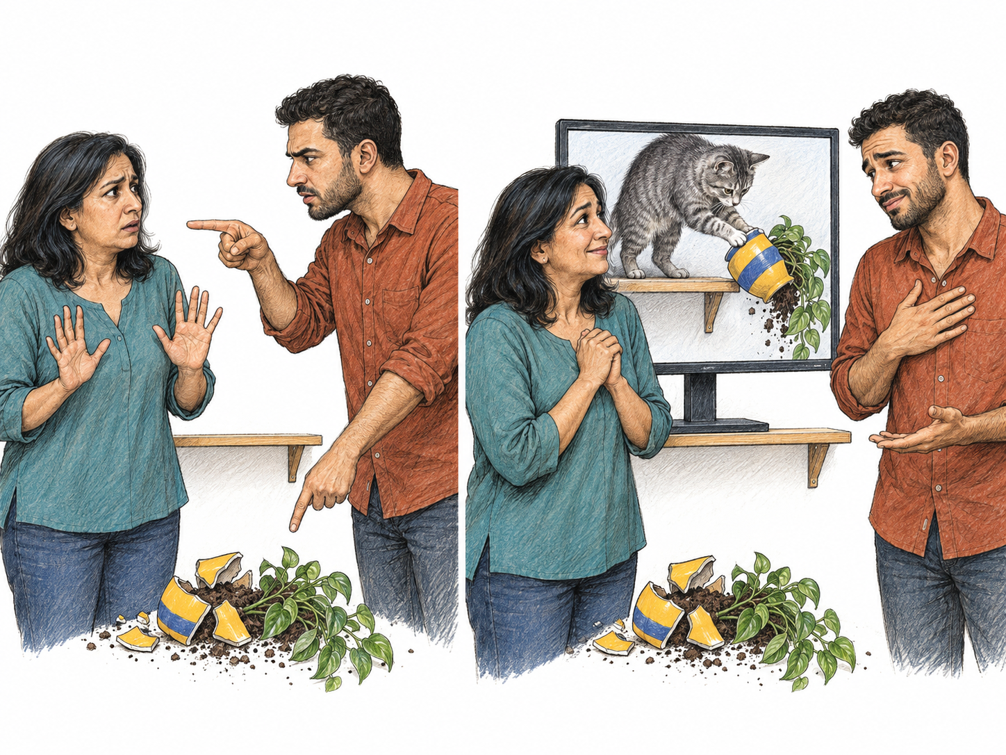 A compact before-and-after scene shows a woman wrongly blamed for a broken plant pot, then cleared when security footage visibly reveals a cat knocking it over.