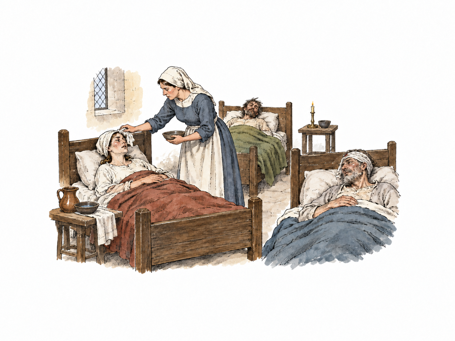 Several medieval people sick in separate simple beds, one caregiver moving among them; epidemic scope, no gore or beak mask.
