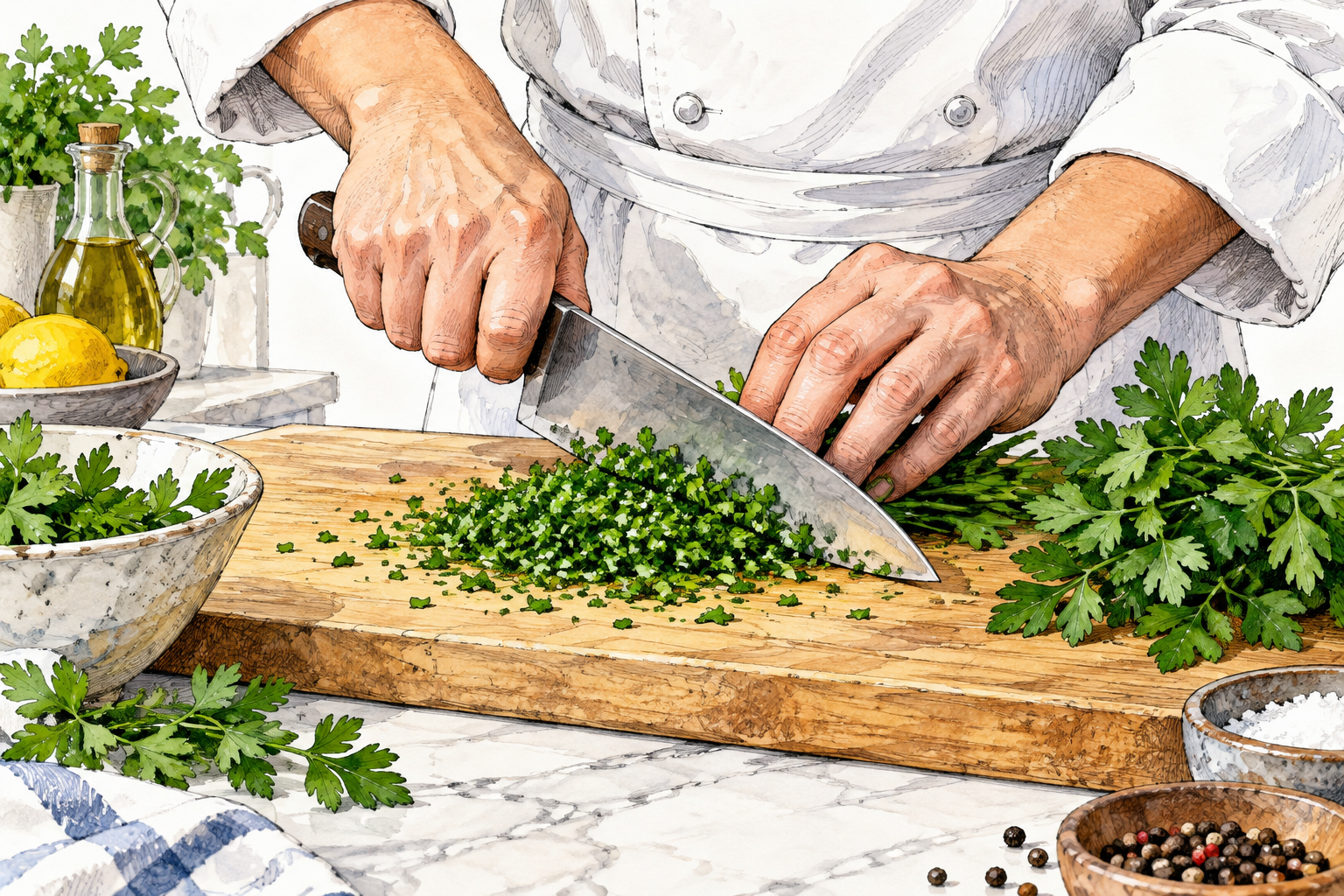 Chef's hands mince fresh parsley into very fine green pieces with kitchen knife, larger uncut leaves beside chopped mound.