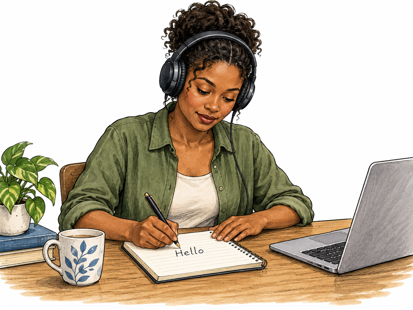 An adult typist listens through headphones and transfers the brief spoken word Hello into a notebook, only that functional word, calm focused desk scene.