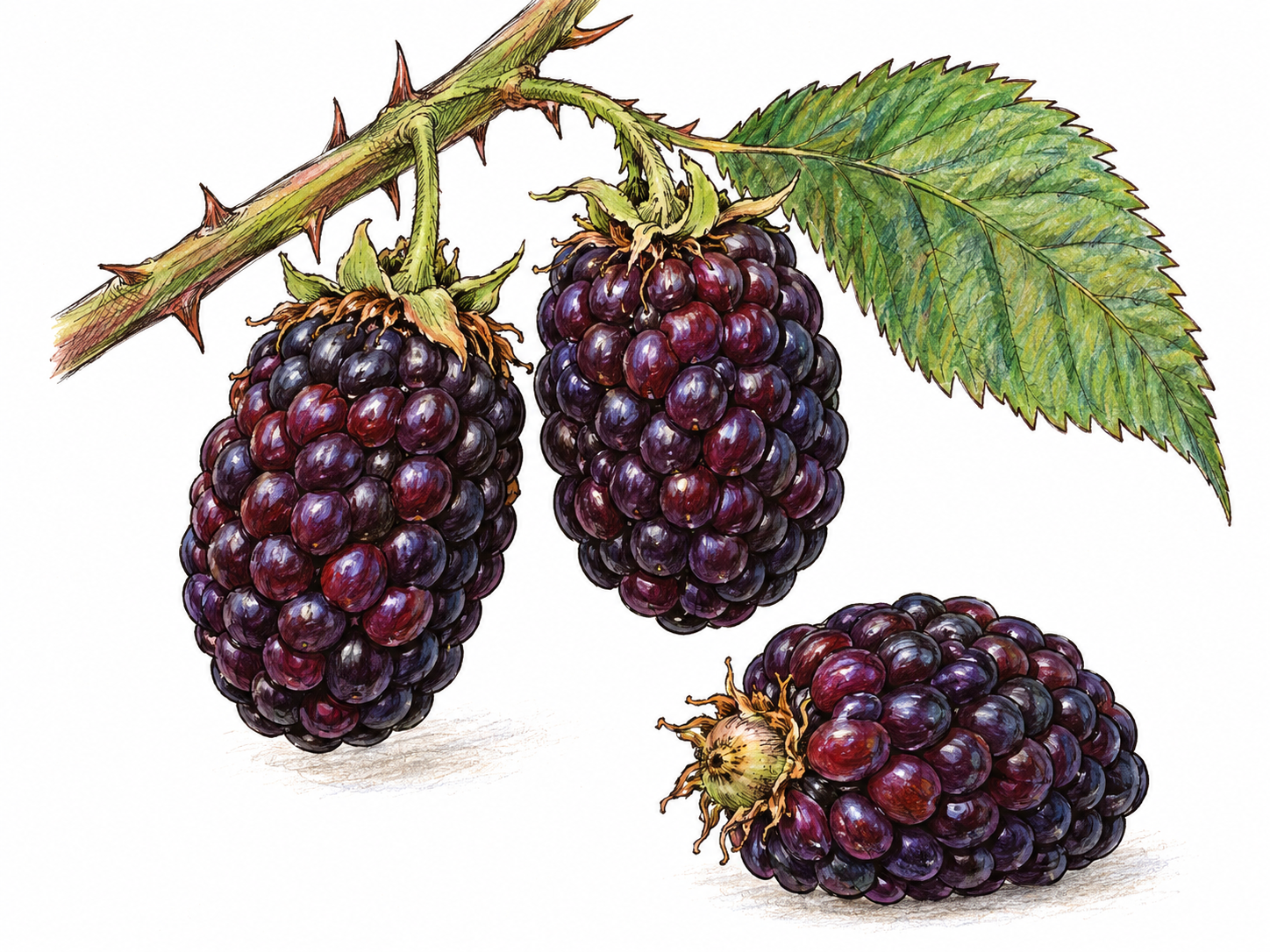 Close natural-history view of two ripe boysenberries attached to a short thorny bramble cane with one serrated leaflet.
