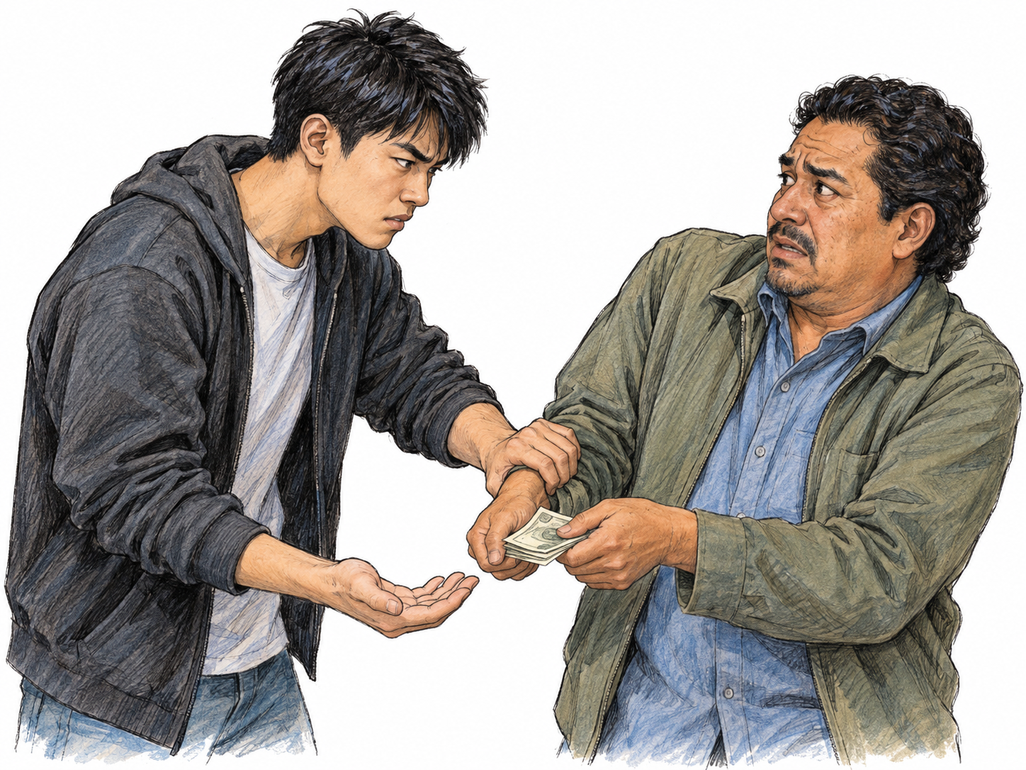 A young adult East Asian man forcefully grips a middle-aged Latino man's wrist while demanding cash with his other hand; the threatened man reluctantly hands over banknotes.
