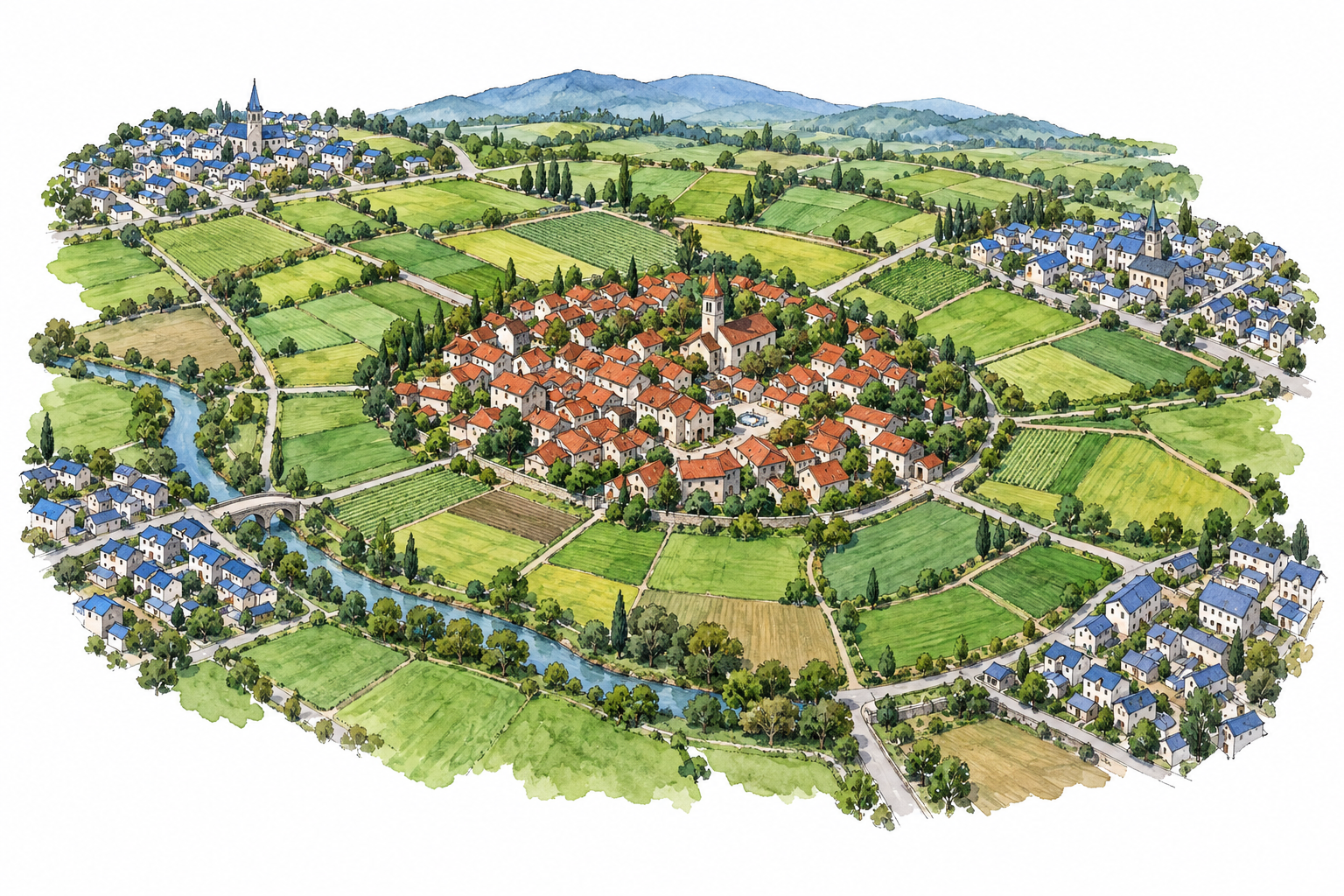 Aerial village with distinct red roofs completely surrounded by neighboring green farmland and blue-roof towns.
