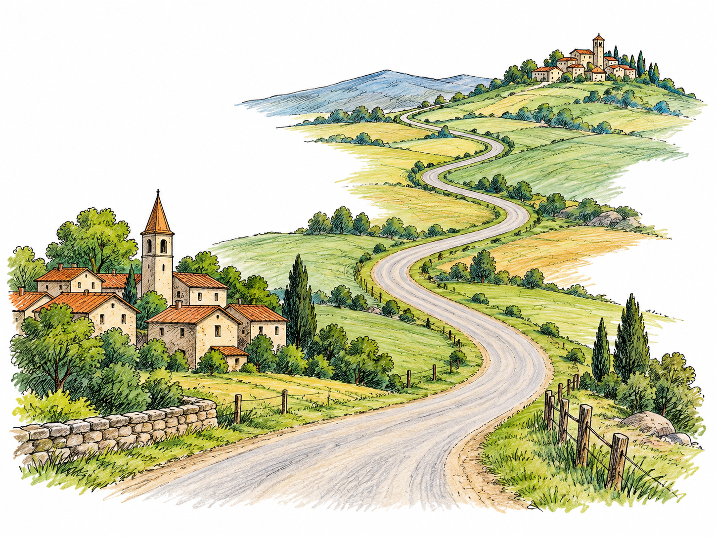 Two small settlements are separated by a long winding road receding into the distance; spatial far, no numerical distance label.
