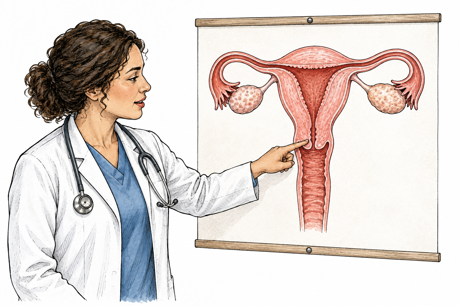 Fully clothed clinician points specifically to the narrow lower neck of uterus on a simple internal reproductive anatomy chart, cervix between uterine cavity and vaginal canal clear, nonsexual clinical education, no text.