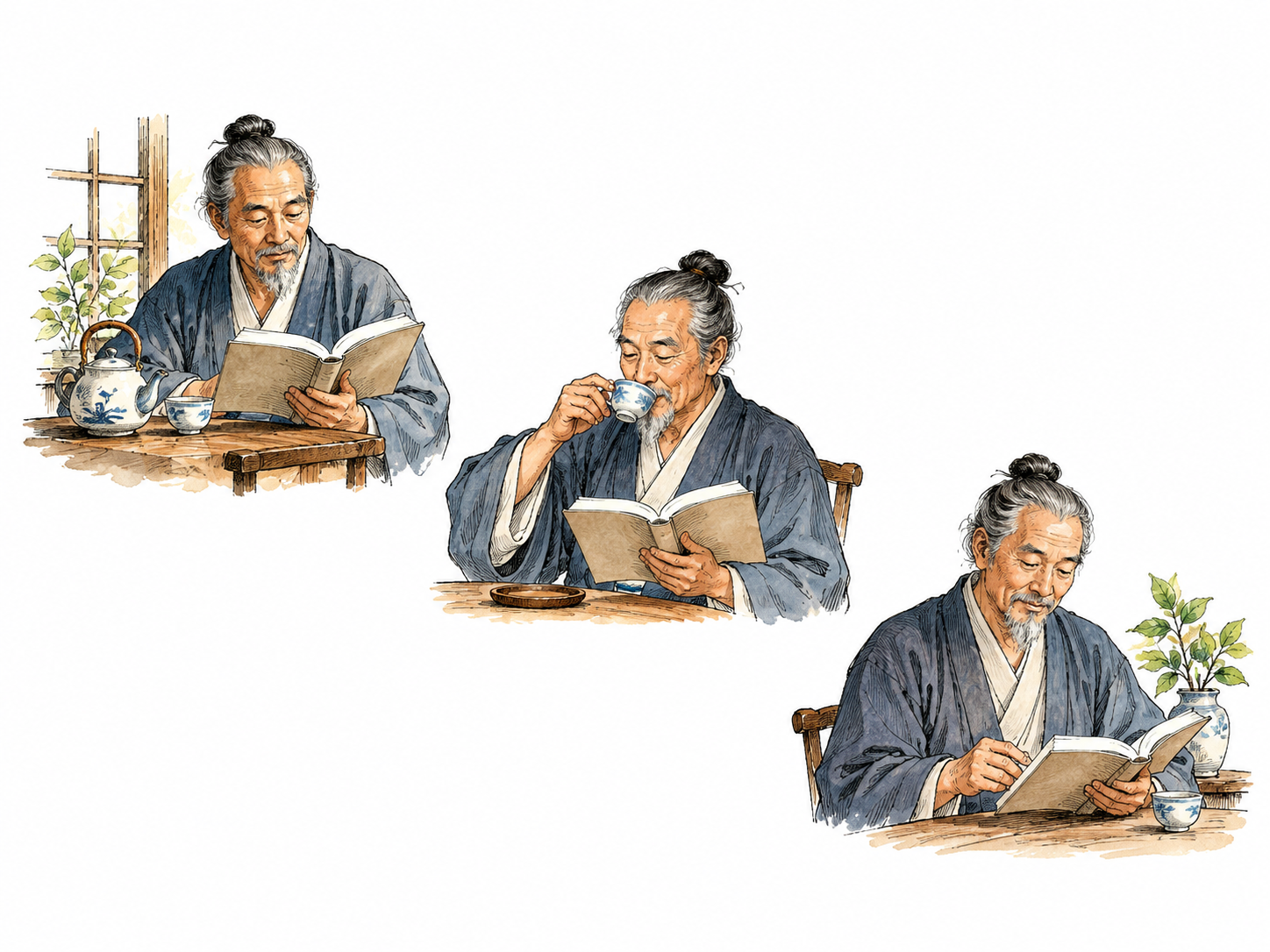 Same man reads a book with morning tea in three compact scenes, regular repeated practice, pages contain no writing.