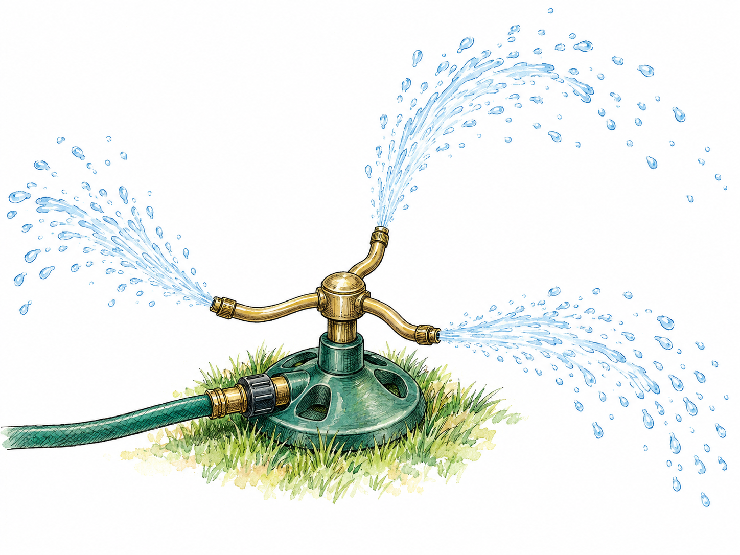A rotating three-arm garden sprinkler throws clear streams of water outward from its central hub, with separated droplets continuing away toward the edges.