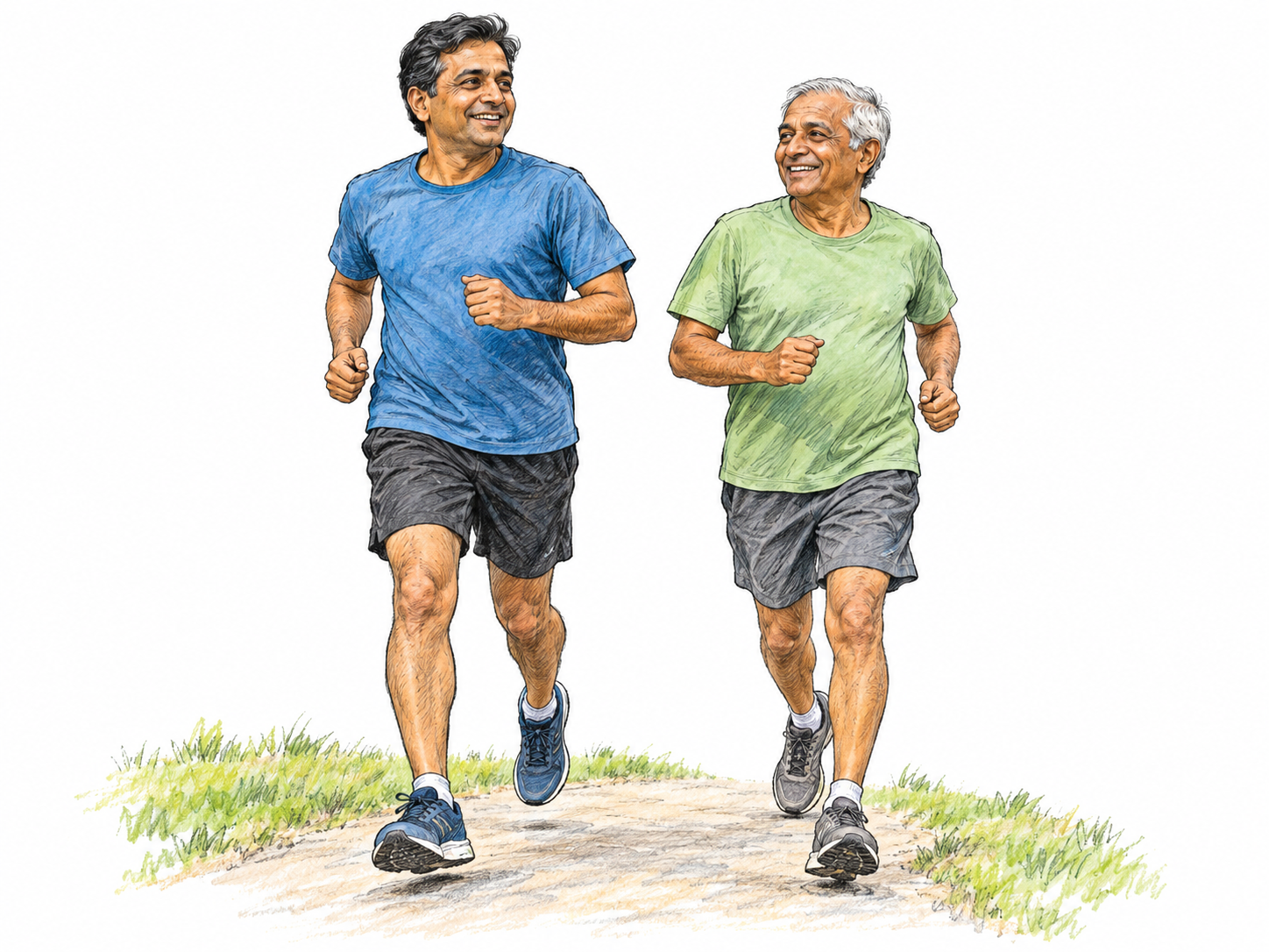 A vigorous middle-aged man and an older man jog comfortably side by side, their springy strides, upright posture and animated smiles conveying energy and sustained activity rather than exhaustion or competitive speed.