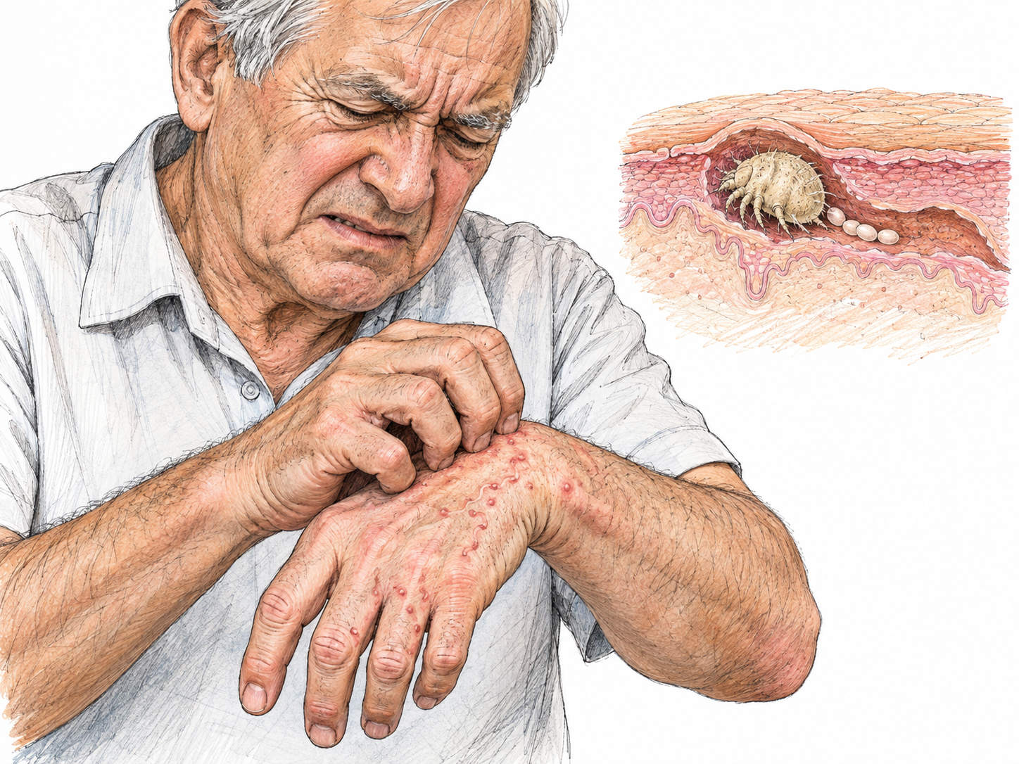 An older man intensely scratches an irritated wrist with characteristic fine winding burrows and small red bumps extending into the finger webs.