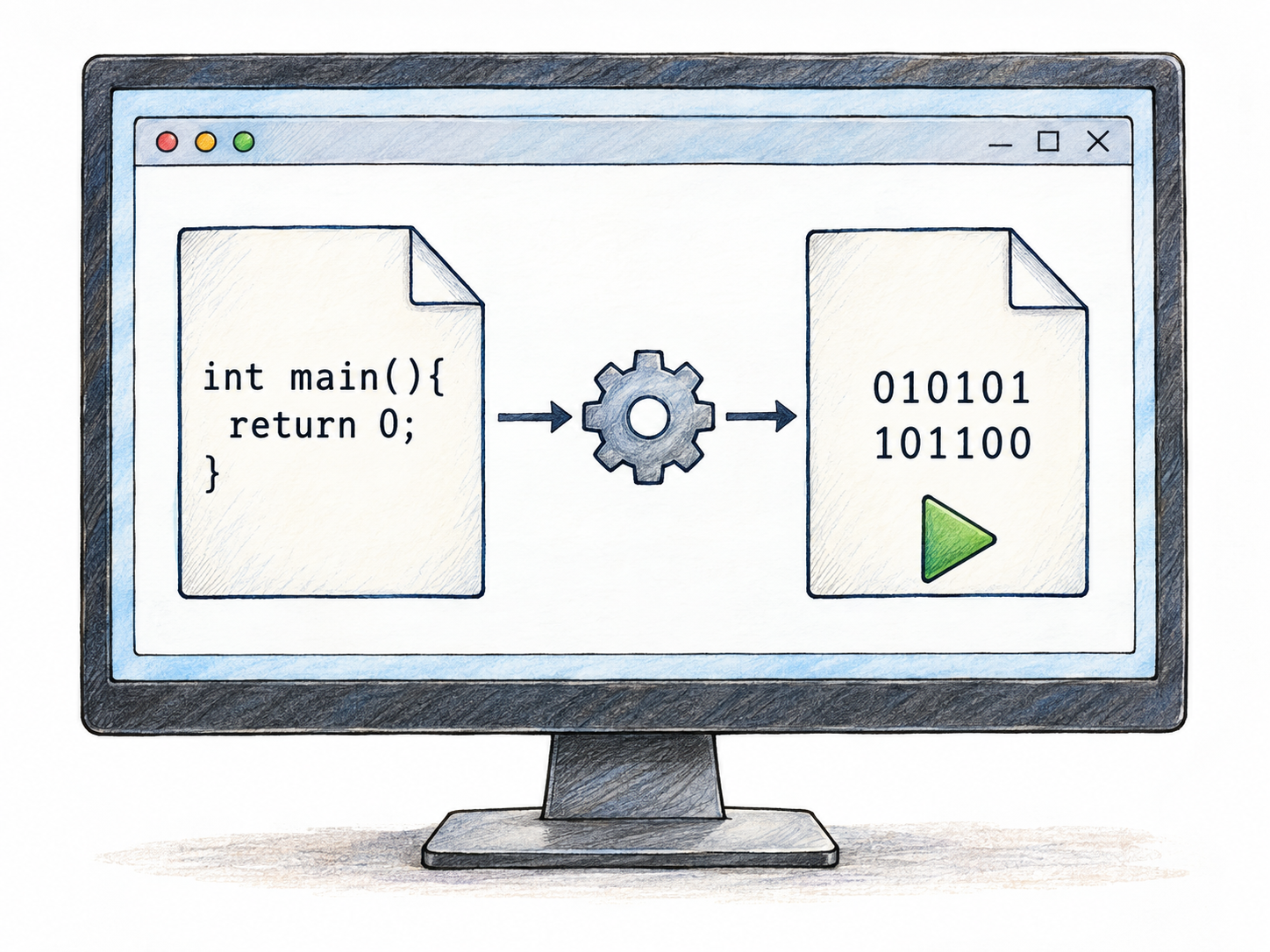 A compiler shown as an active computer application: a short source-code function feeds through a software process into a separate binary executable file, which is visibly available to run.
