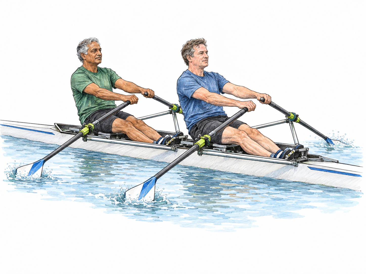 Two rowers in a double scull pull their oars in unison, with matching body positions, parallel oar shafts and paired splashes visibly establishing simultaneous action.