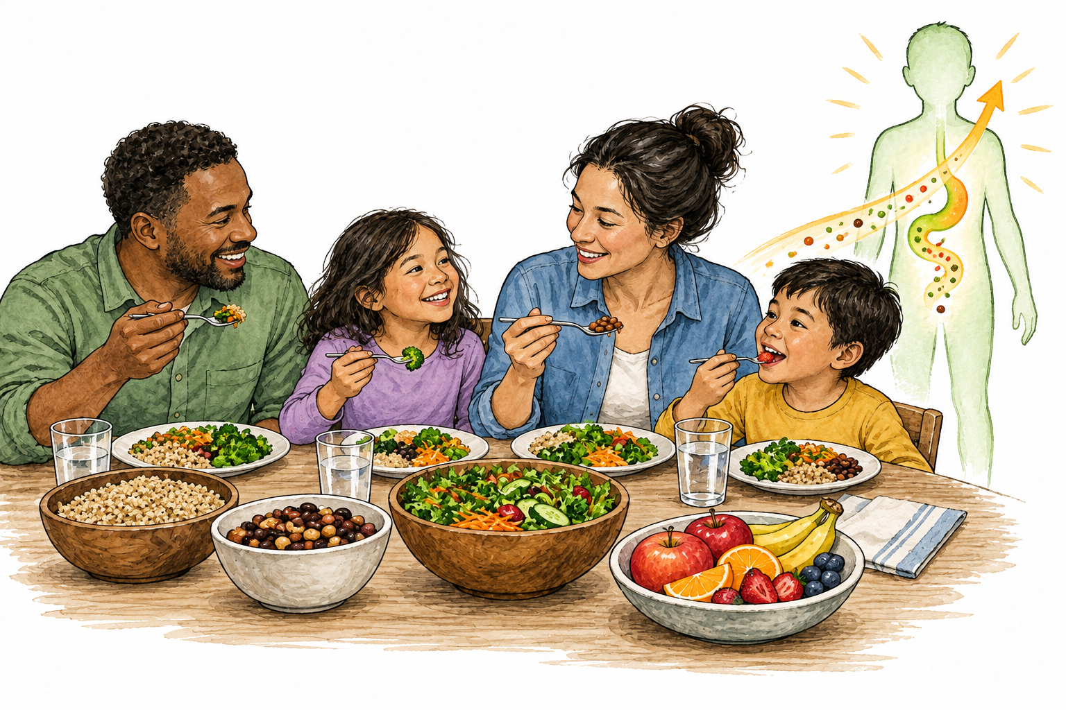 A healthy diverse family eats a balanced meal of grains vegetables beans and fruit, subtle simple body silhouette links food to growth.