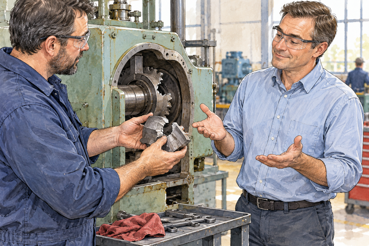 White adult man who previously disagreed now nods and opens hands accepting a colleague's clear evidence: broken part physically matches machine fault, no words.