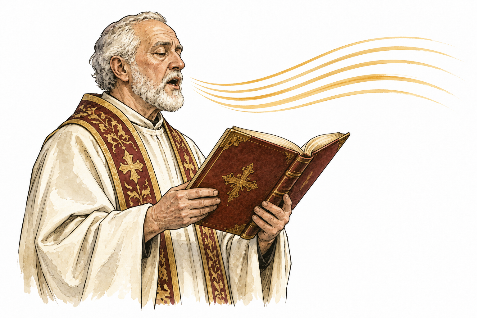 An older white adult recites slowly from a ceremonial book, sustained voice shown by even flowing lines.