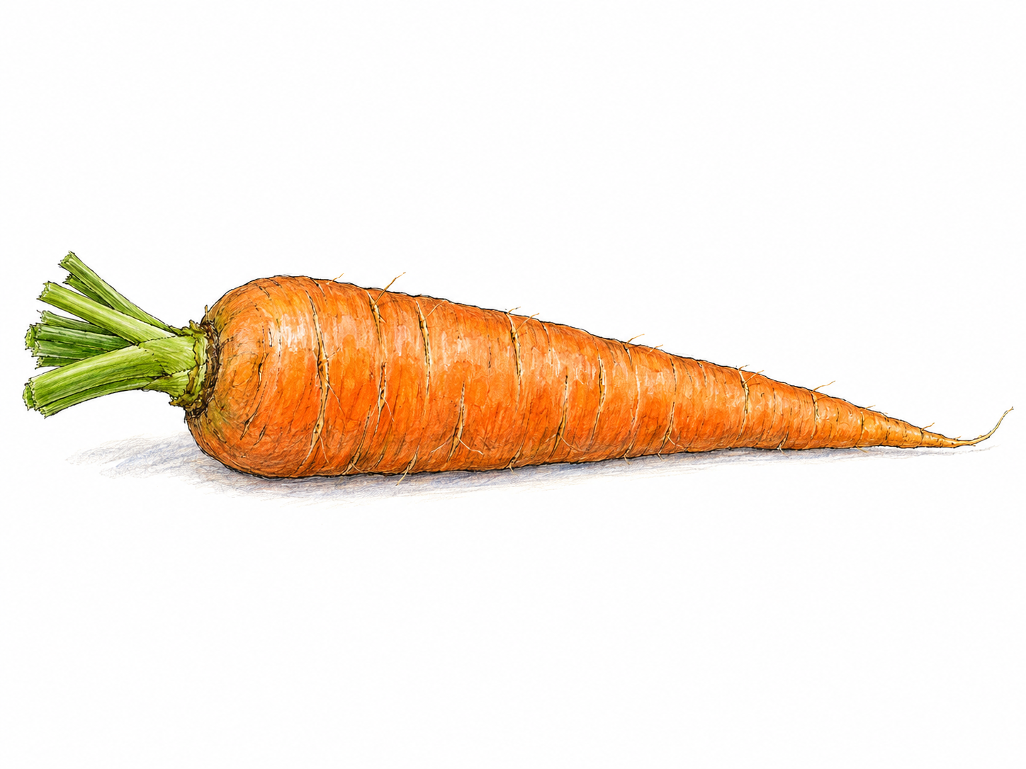 A single carrot lying sideways, its broad shoulder narrowing smoothly along its length to a fine root tip, making gradual narrowing immediately visible.