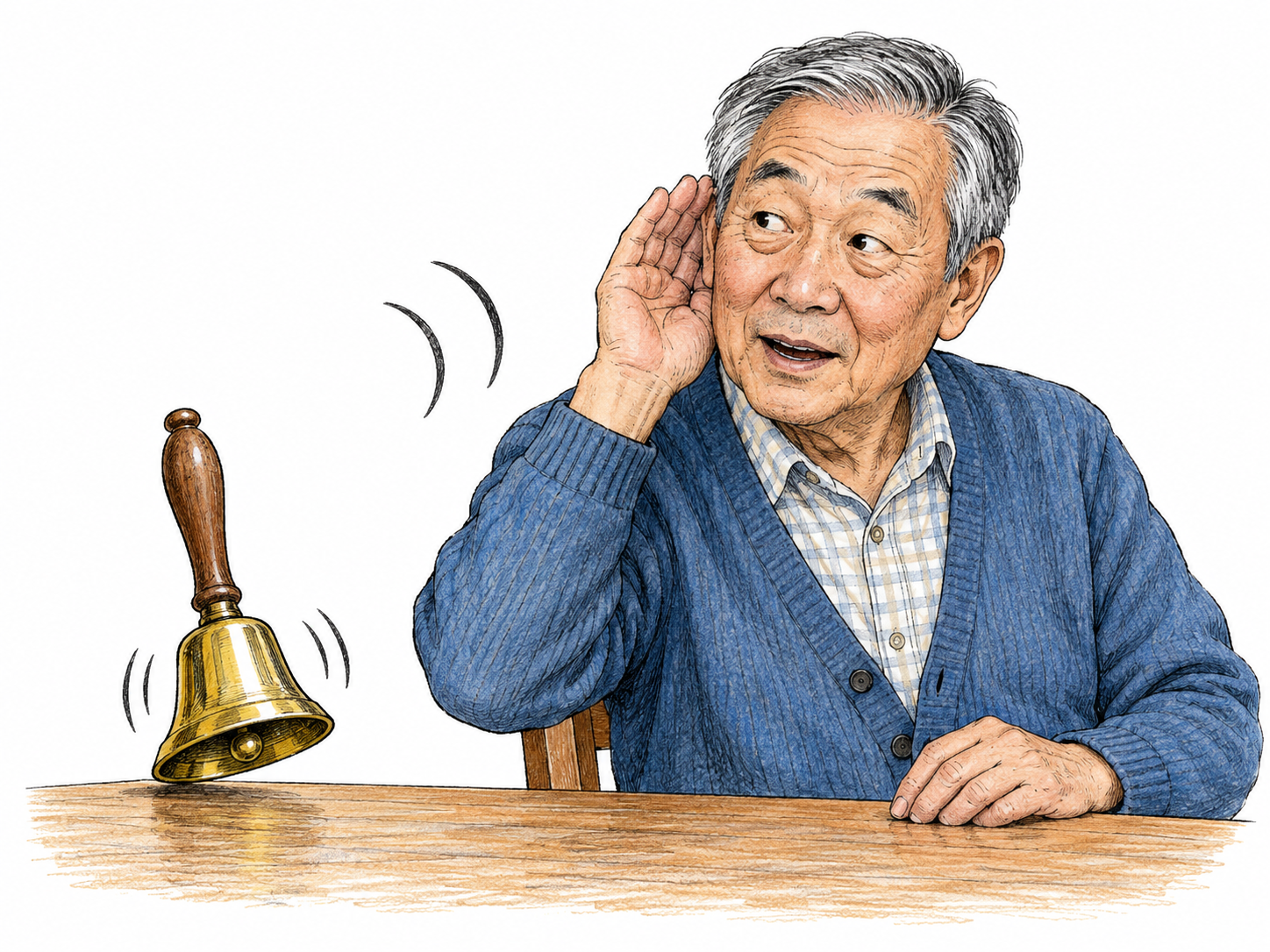 Small ringing handbell on table makes man turn and cup ear with recognition; two restrained curved sound marks bridge bell and listening ear, quiet white ground.