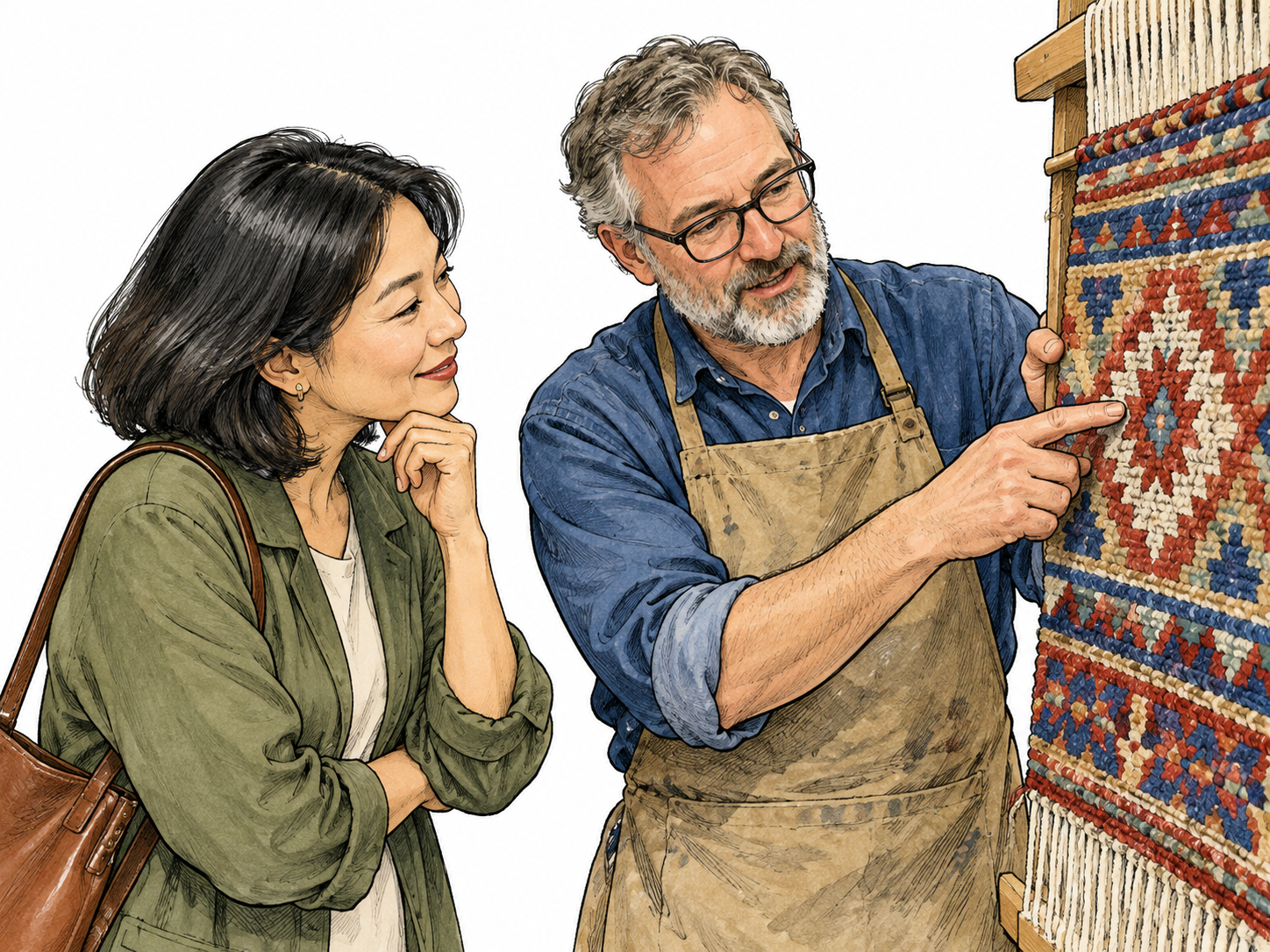 Visitor pauses in attentive appreciation before an intricate handwoven textile while its maker explains a detail.