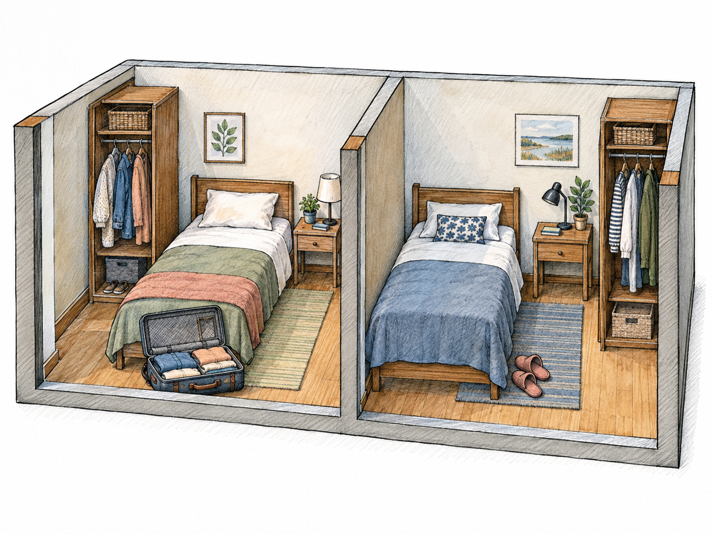 A compact cutaway of shared living quarters: two adjoining sleeping rooms with beds, open wardrobes containing clothes, slippers and unpacked luggage visibly establish inhabited lodgings rather than an empty property.