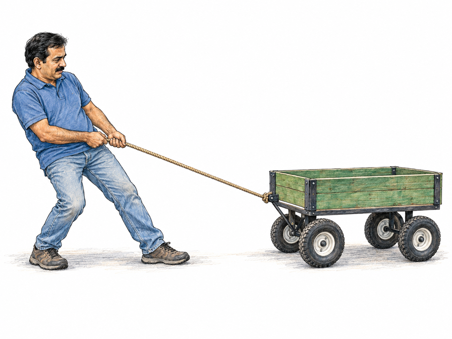 A man leans backward while pulling a small wheeled garden cart toward himself with a taut rope, making the direction of force clear.