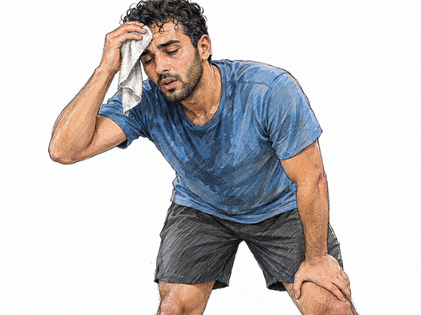 An exhausted runner pauses after exertion, wiping his sweaty forehead while visibly letting out a long, relieved breath.
