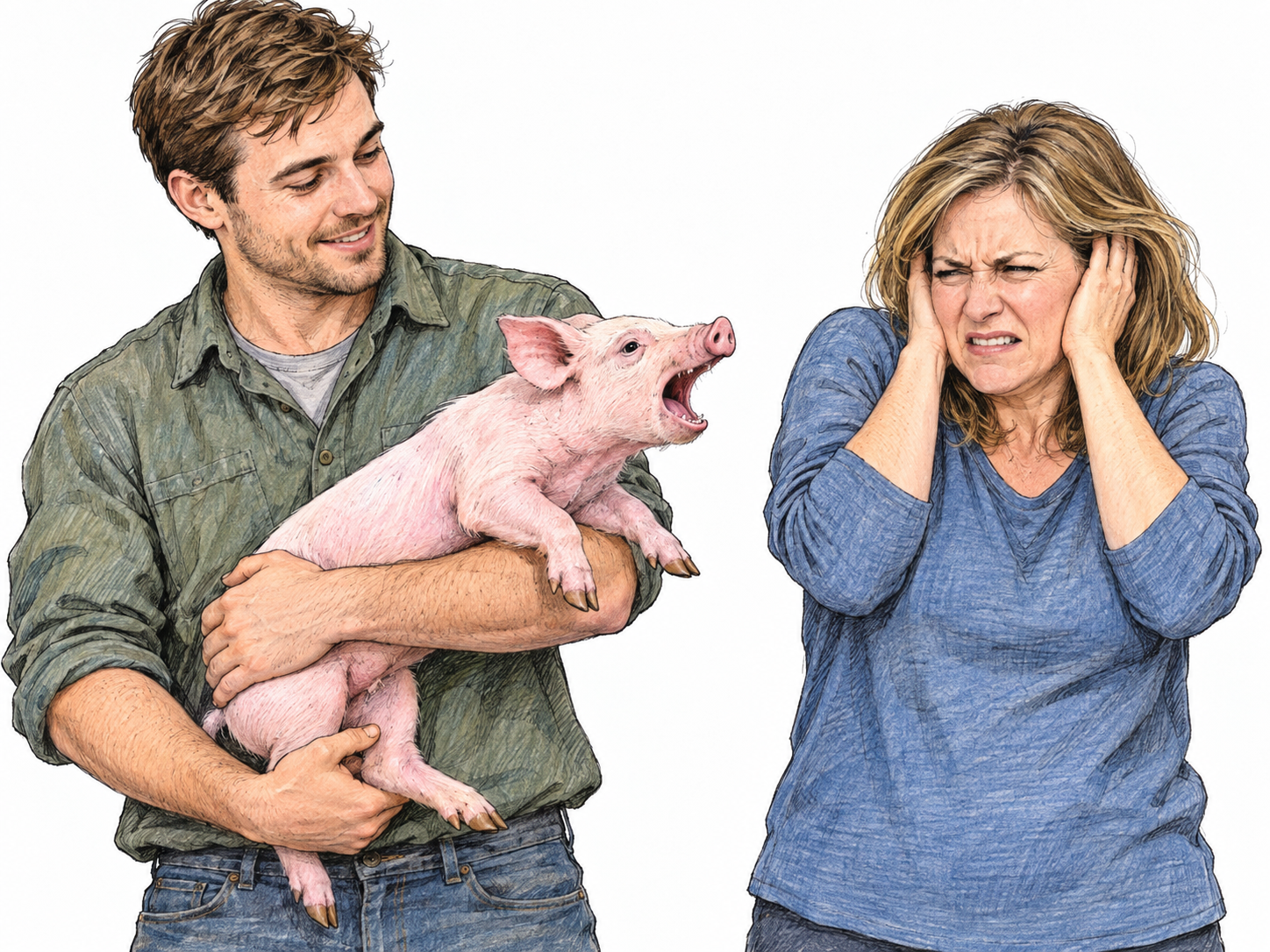 A piglet squeals while being gently held: its extended neck, wide-open mouth and taut posture are reinforced by a nearby listener wincing and covering her ears.