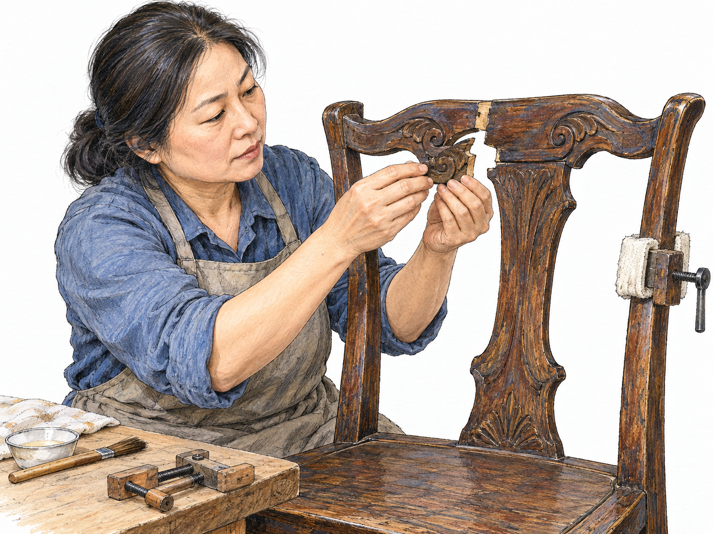 A furniture restorer carefully repairs a damaged antique chair, fitting its broken carved back piece into the matching gap while preserving its original design.