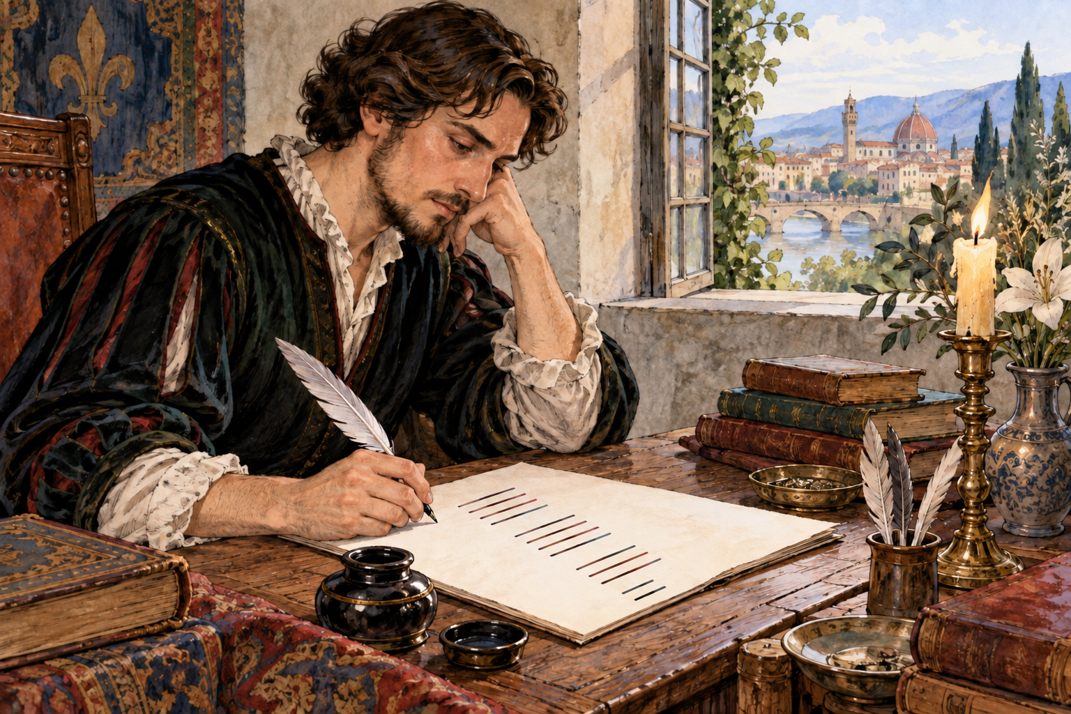 Poet writing a sonnet at desk: close page contains exactly14 short horizontal ink strokes representing verse, arranged three groups of4 and final pair2, no readable words; subtle paired colors at line ends suggest formal rhyme.