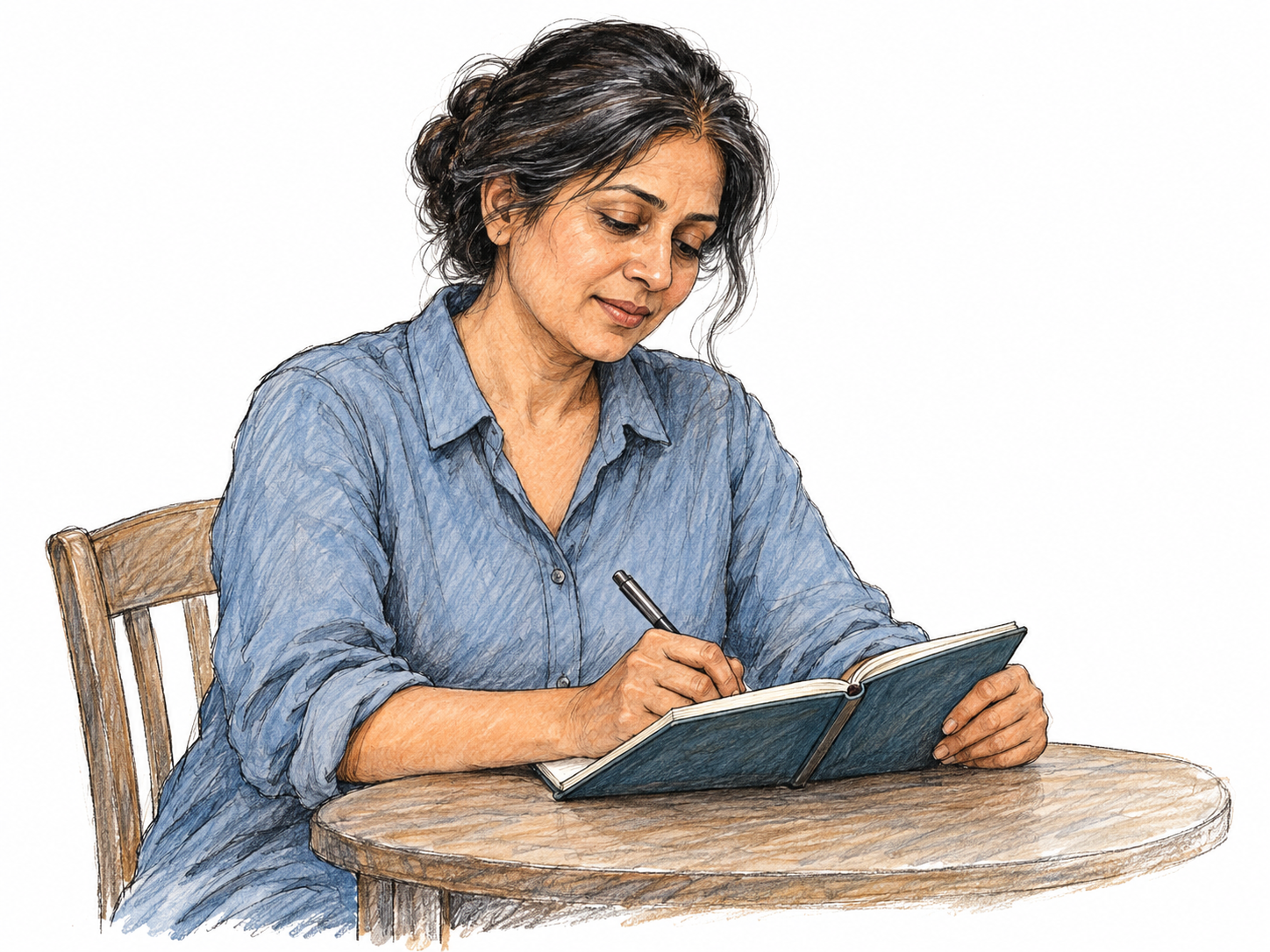 A middle-aged South Asian woman pauses thoughtfully while writing in her personal journal at a small table, with the notebook held at an angle that conceals its entries.