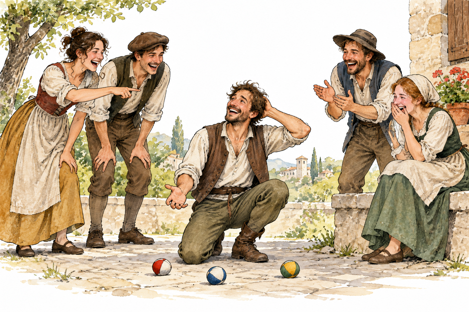 Friends playfully tease a smiling adult whose harmless juggling attempt dropped soft balls, friendly shared laughter not cruelty.