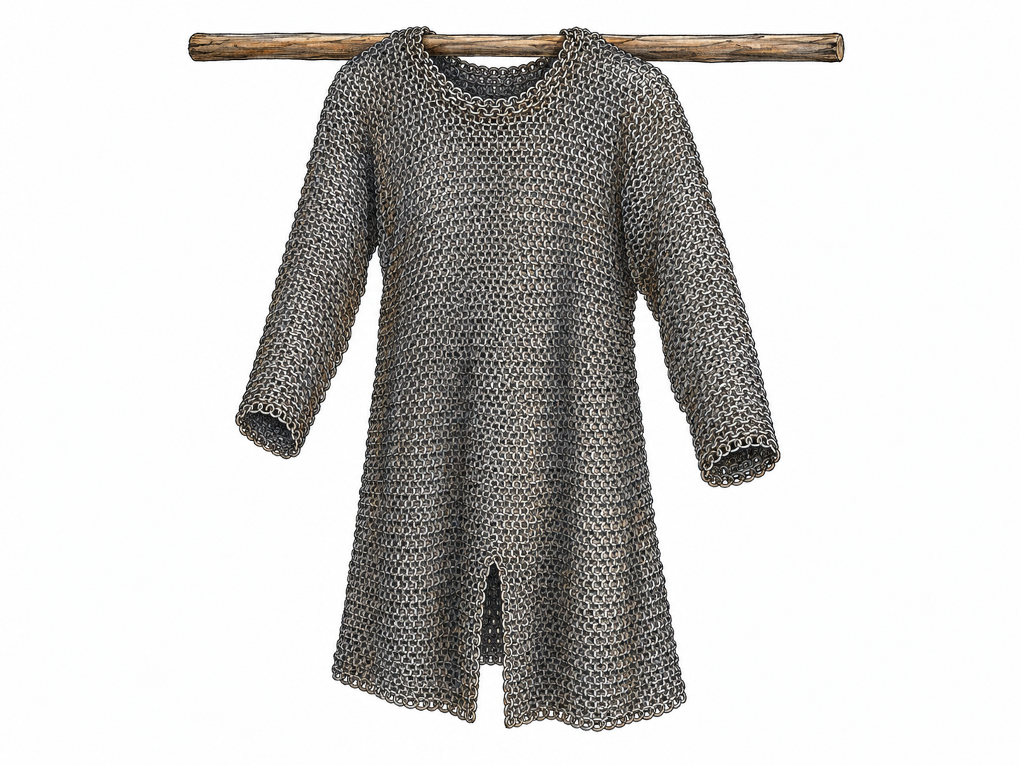 A single medieval chain-mail hauberk displayed front-on, with its shirt shape, long sleeves, knee-length hem, and interlinked iron rings clearly visible.