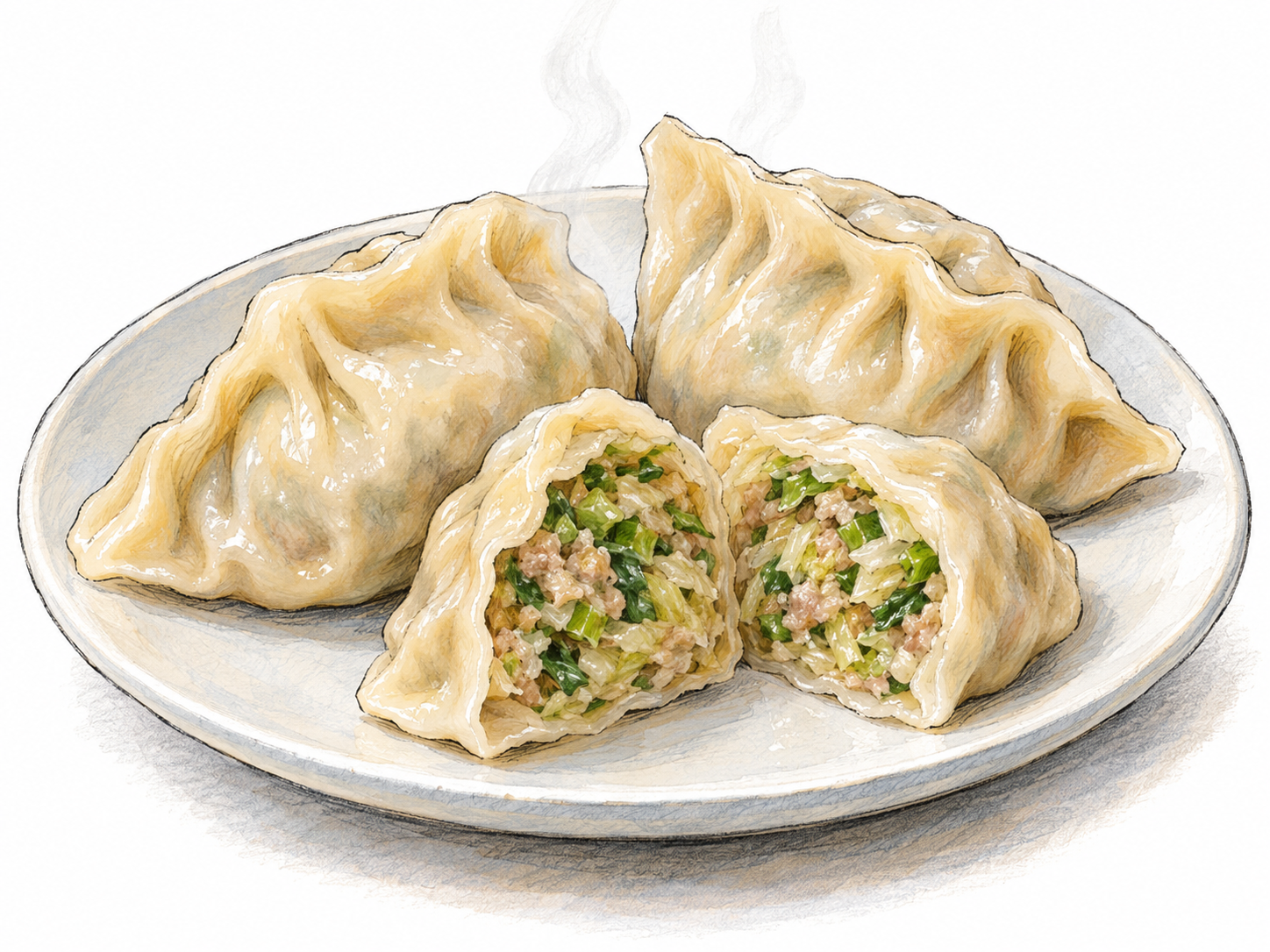 A small plate of cooked, filled dumplings, with one cut open to show its soft dough wrapper enclosing a savory filling.