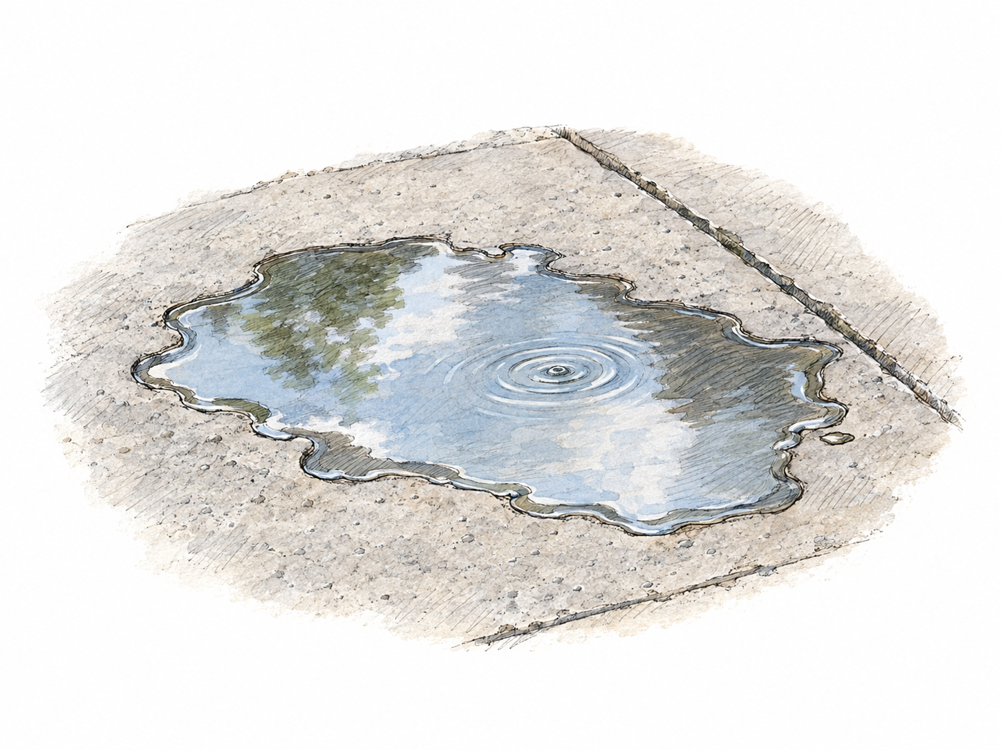 A small, shallow puddle of rainwater on a pavement slab, with an irregular edge, faint reflections and a single ripple clearly distinguishing the liquid from a stain.