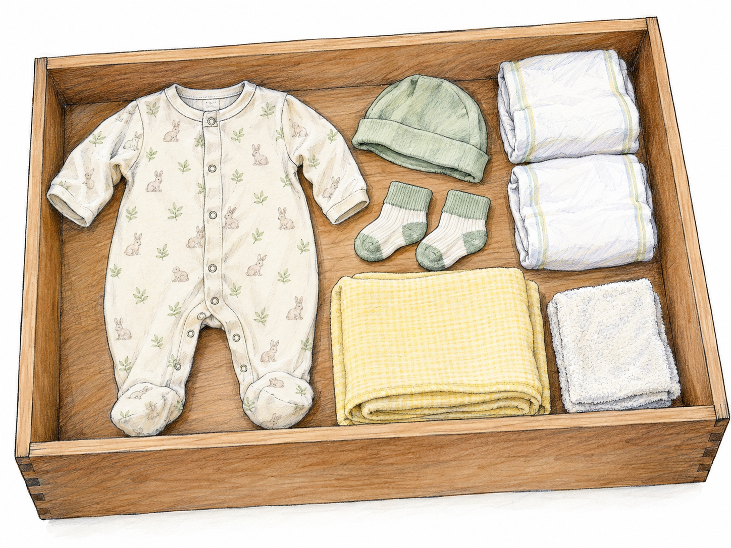A coordinated newborn layette arranged together in a shallow open drawer: tiny clothing alongside diapers, a folded receiving blanket, and a soft baby washcloth.