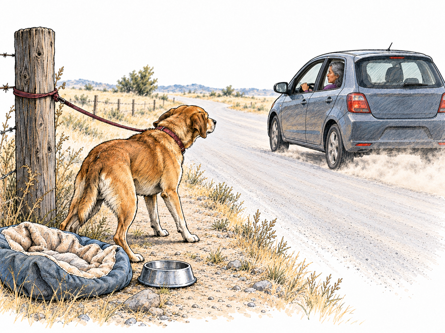 An older woman drives away from a dog she has left tied to a lone roadside post.