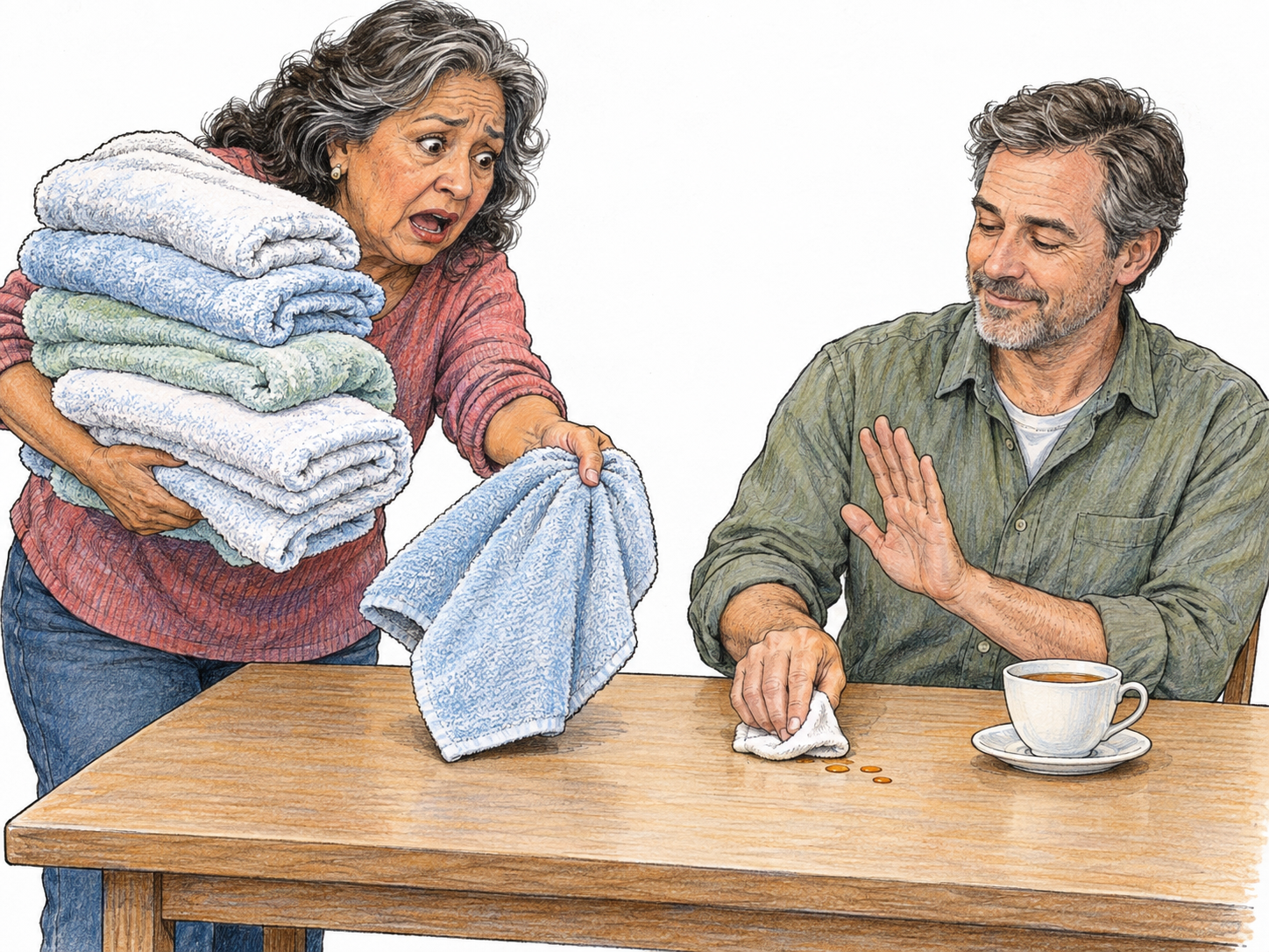 An older woman makes a disproportionate fuss over a few spilled drops of tea, urgently offering a towering stack of bath towels while a calm companion easily dabs the tiny spill with the corner of one small cloth.