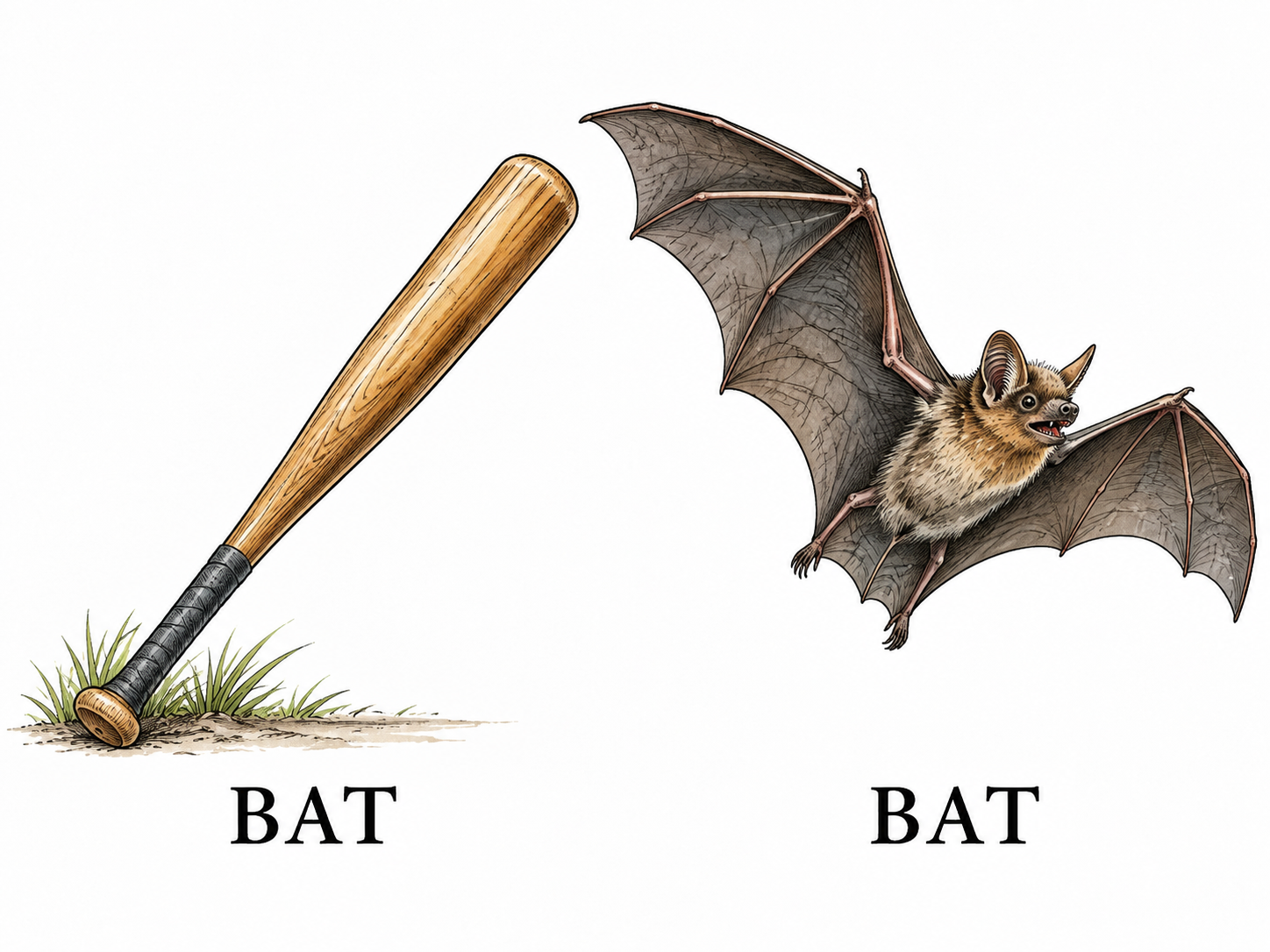Two clear objects baseball bat and flying bat with identical word BAT beneath each.