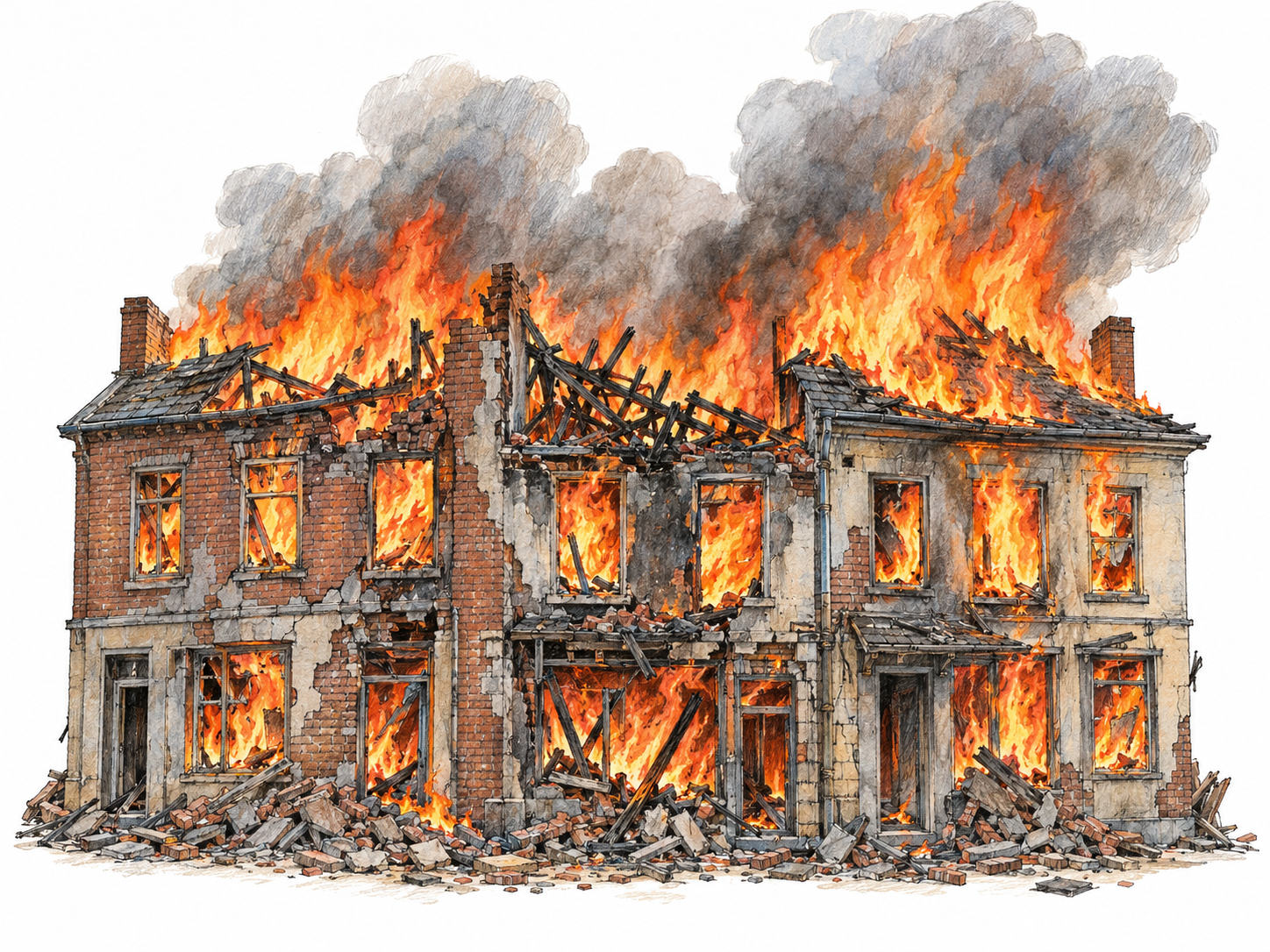 Several adjacent buildings engulfed in one spreading blaze, with collapsed roof beams and charred walls making its large scale and destructive force immediately visible.
