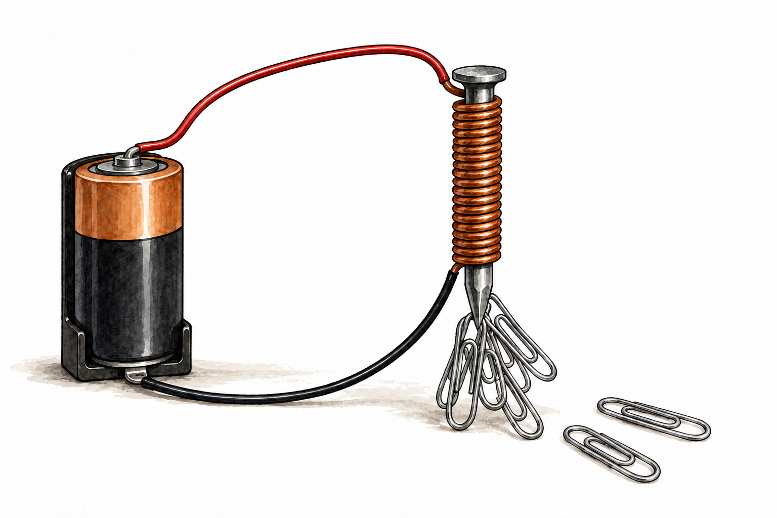 A simple battery-powered coil attracts iron paperclips, continuous closed electrical circuit and curved magnetic field lines illustrate linked forces.
